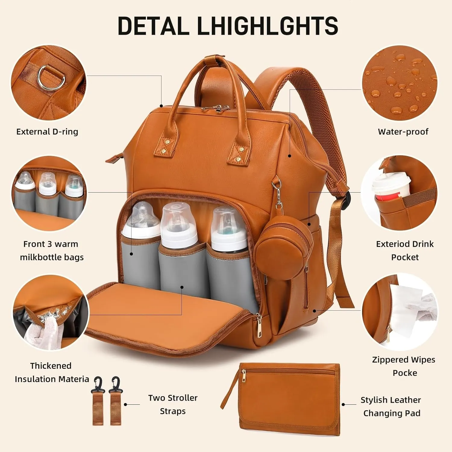 Premium Vegan Leather Diaper Bag Backpack with Waterproof Changing Pad – Reinforced Stitching & Zippers, Baby Bag for Boy Girl, Stroller Straps, Ergonomic Design for Traveling Moms, Brown