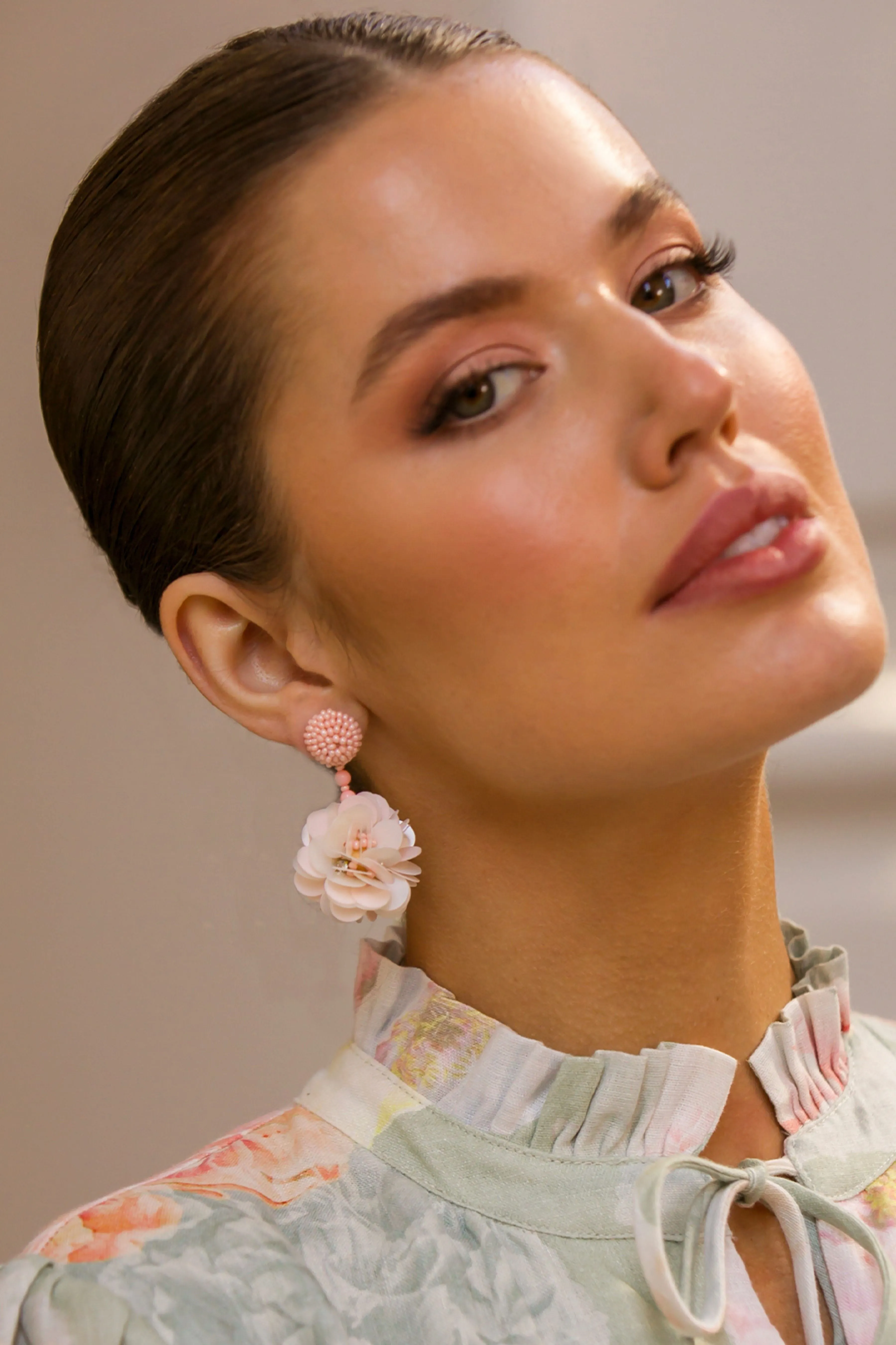 Pretty Peony Sequin Earrings - Sage Cream