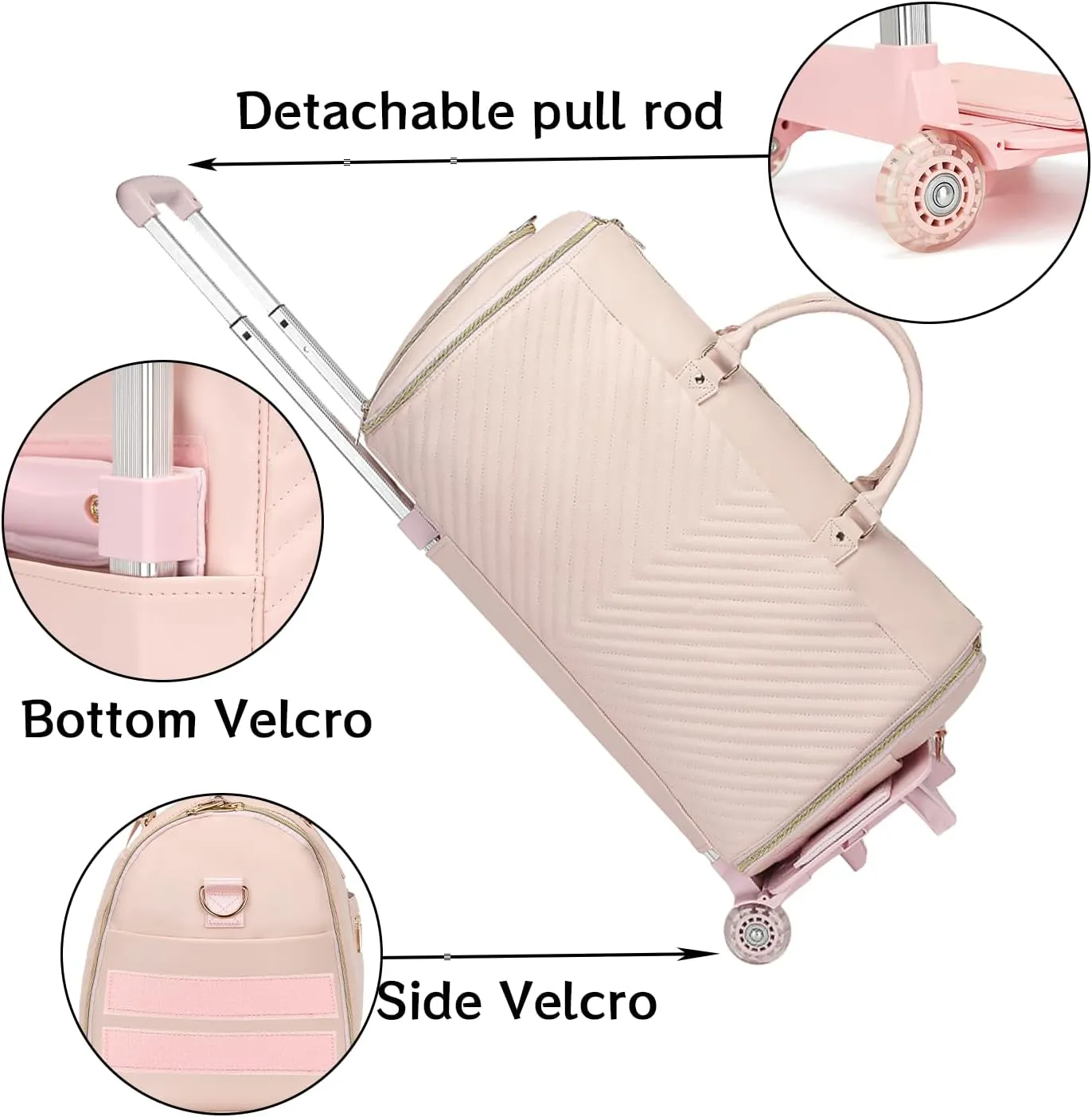Pro Rolling Garment Bag - Detachable Handle & Extended Base, Waterproof PVC Leather with Shoe/Cosmetic Pockets, Silent Wheels for Air Travel/Weddings (48.5" Hanging System)（Pink）