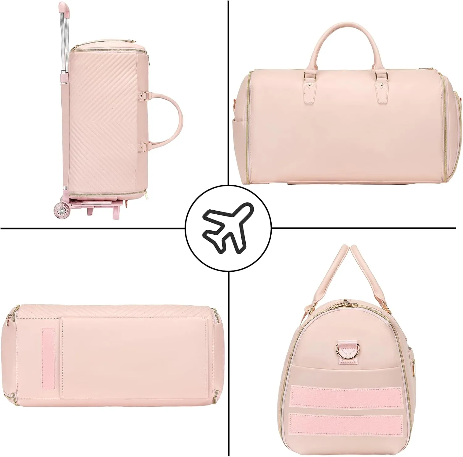Pro Rolling Garment Bag - Detachable Handle & Extended Base, Waterproof PVC Leather with Shoe/Cosmetic Pockets, Silent Wheels for Air Travel/Weddings (48.5" Hanging System)（Pink）