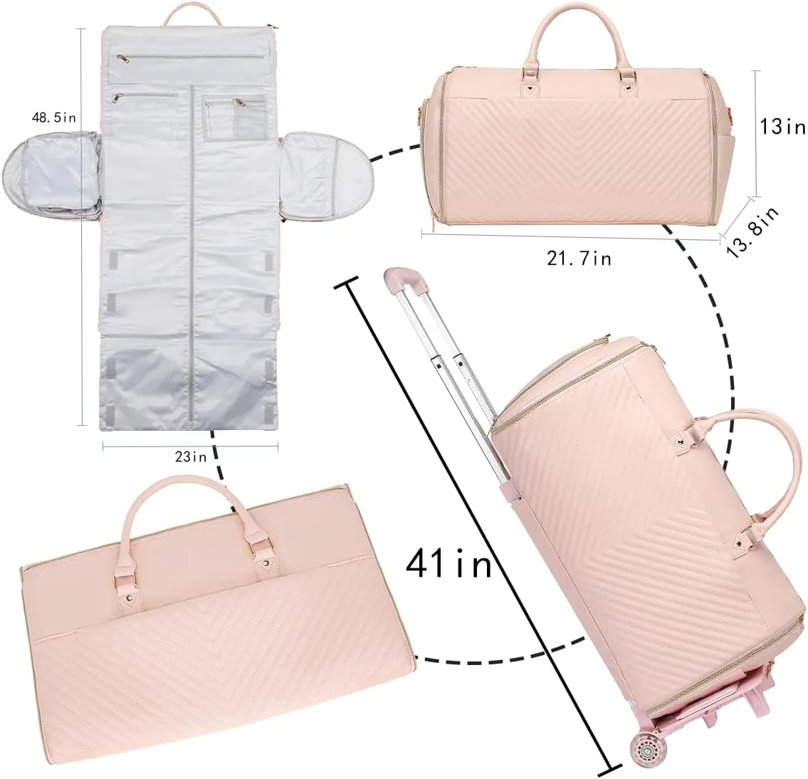 Pro Rolling Garment Bag - Detachable Handle & Extended Base, Waterproof PVC Leather with Shoe/Cosmetic Pockets, Silent Wheels for Air Travel/Weddings (48.5" Hanging System)（Pink）