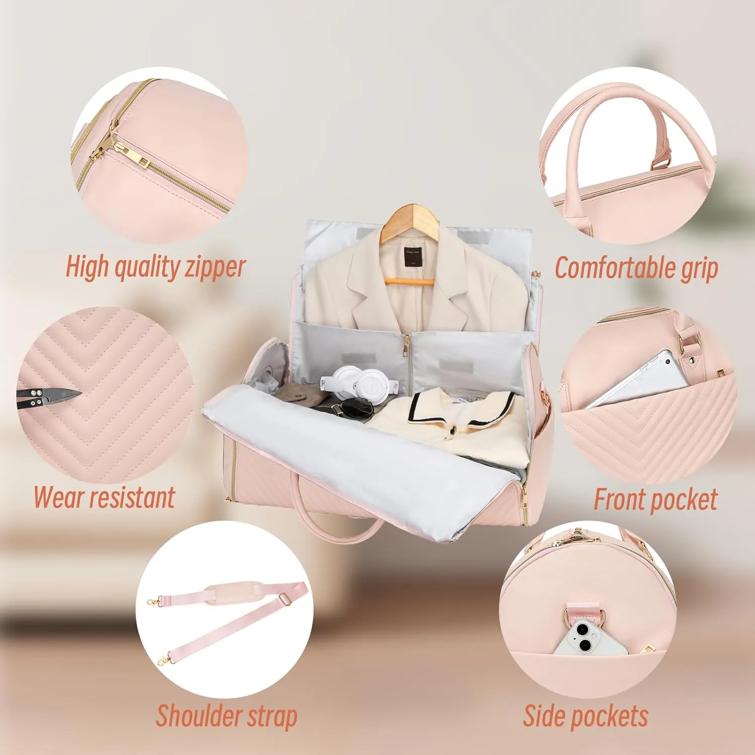Pro Rolling Garment Bag - Detachable Handle & Extended Base, Waterproof PVC Leather with Shoe/Cosmetic Pockets, Silent Wheels for Air Travel/Weddings (48.5" Hanging System)（Pink）
