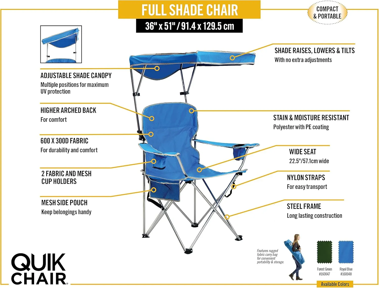 Quik Shade Full Size Shade Folding Chair for Camping, Polyester, Arm Rest|Foldable, Royal Blue, 2'L x 3'W x 4.3'H (160048DS)
