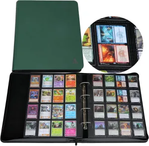 Rayvol 2000 Trading Card Binder, 16 Pocket D-Ring Card Binder Fit 2016 Cards - Large Card Collection Binder with Double-Sided Black Pages for TCG -Green
