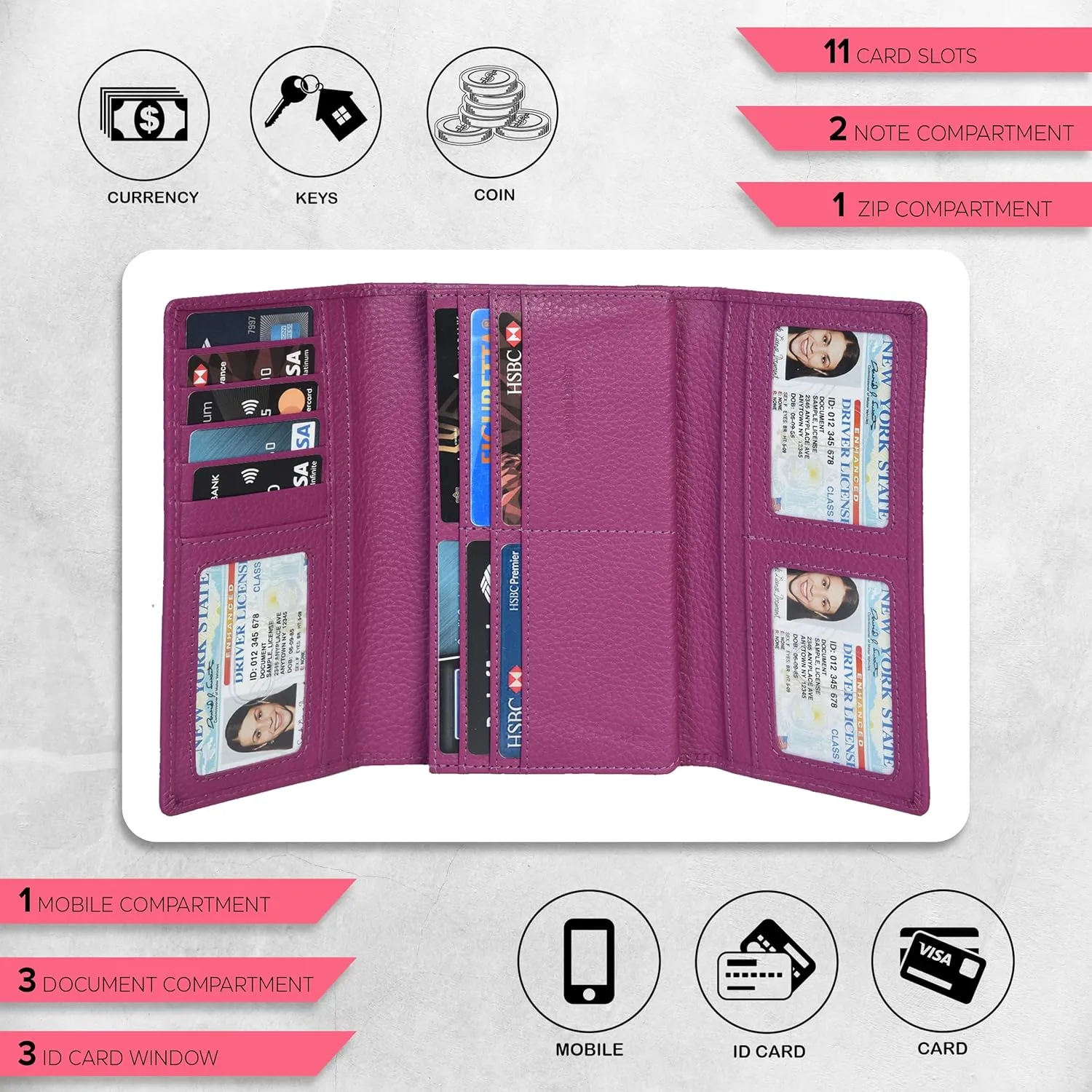 Real Leather Women Wallet Leather with RFID Blocking -Trifold Card Holder Designer Ladies Clutch with ID Window Wallets