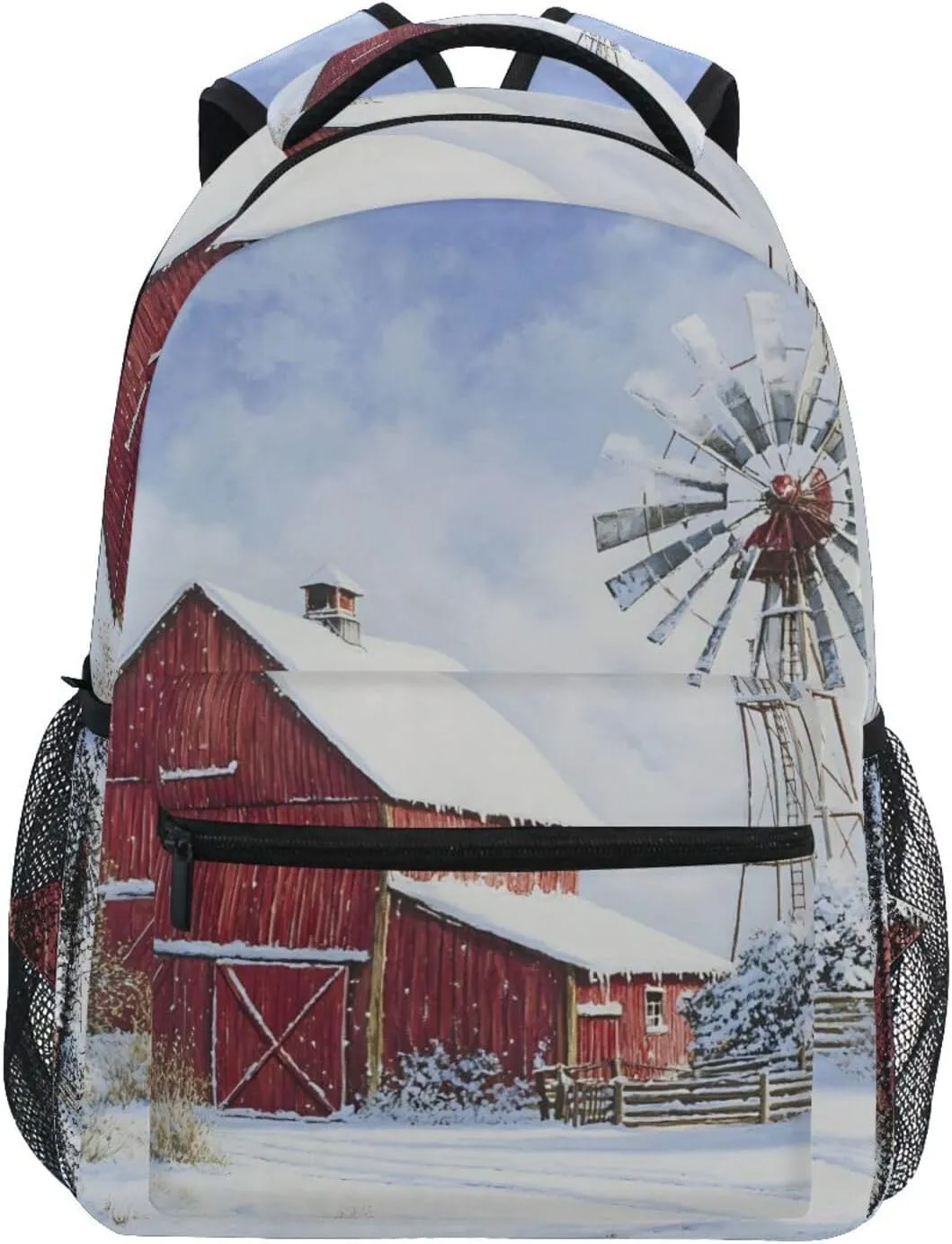 Red Farmhouse Windmill Winter Backpack 3rd 4th 5th Grade School Bookbag Travel Laptop Daypack Bag Purse for Boys Girls Teens