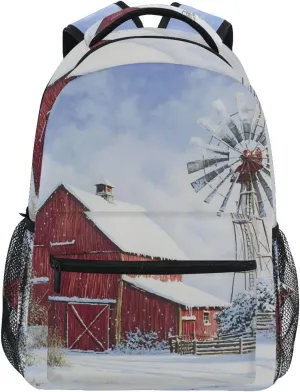 Red Farmhouse Windmill Winter Backpack 3rd 4th 5th Grade School Bookbag Travel Laptop Daypack Bag Purse for Boys Girls Teens