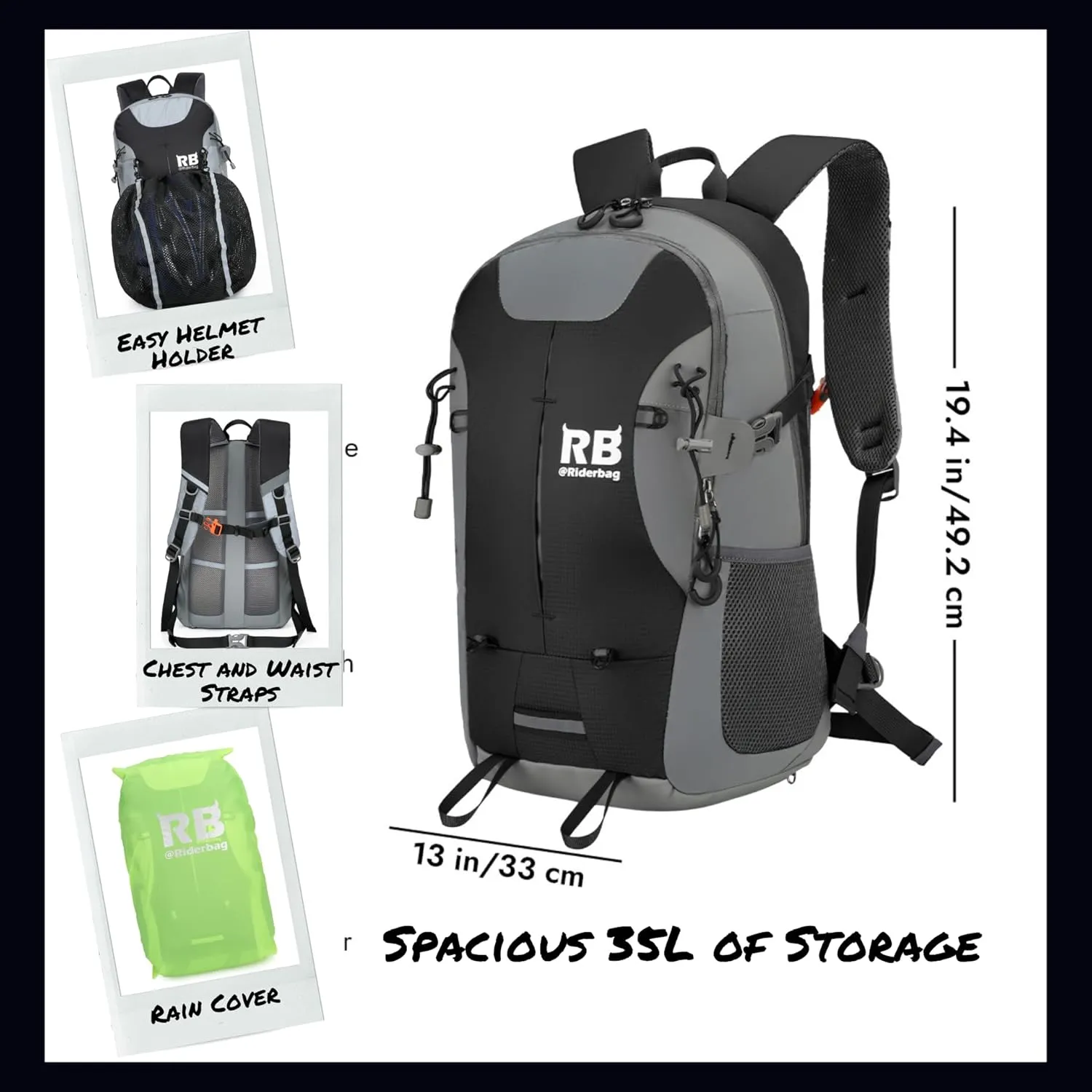 Reflective Motorcycle Backpack 35L, Lightweight Water-Resistant Daypack with Laptop Pocket for Commuting, Biking, and Daily Use – Black