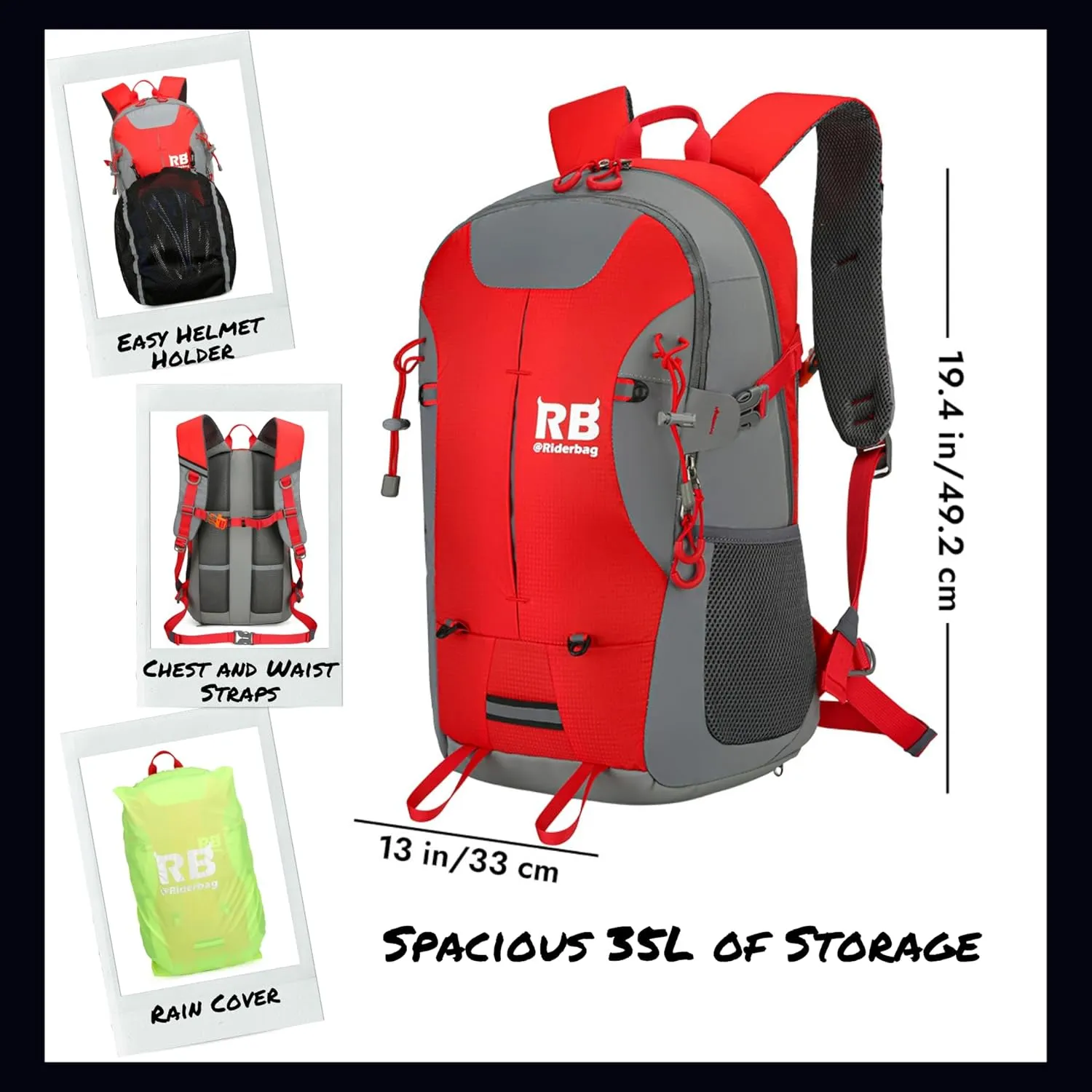 Reflective Motorcycle Backpack 35L, Lightweight Water-Resistant Daypack with Laptop Pocket for Commuting, Biking, and Daily Use – Red