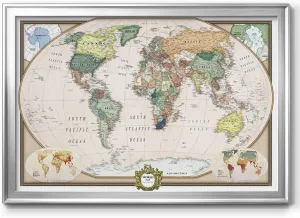 Renditions Gallery Colorful World Map Canvas Wall Art with Silver Frame Wall Hanging Travel Map with Push Pins for Living Room, Bedroom, Office Room