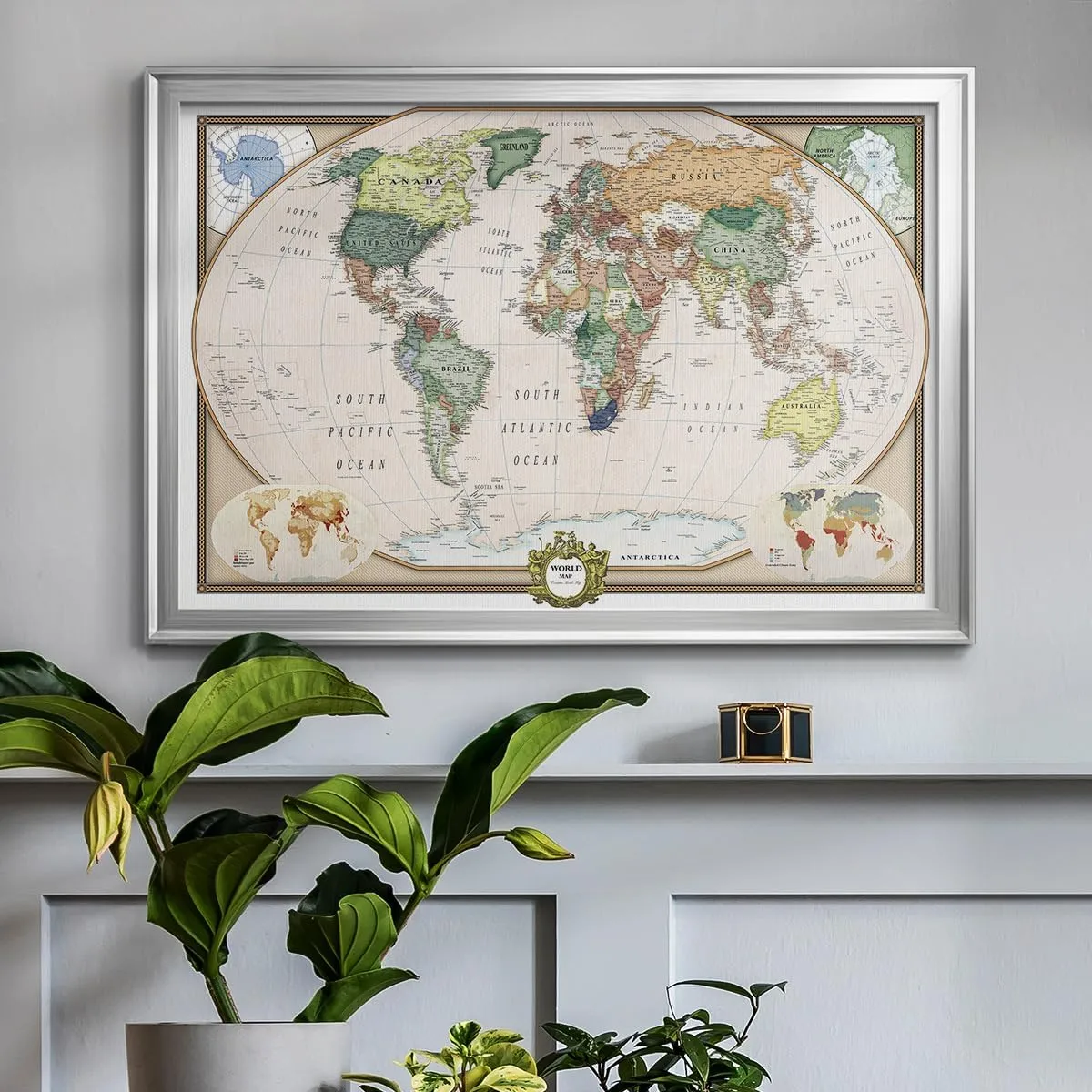 Renditions Gallery Colorful World Map Canvas Wall Art with Silver Frame Wall Hanging Travel Map with Push Pins for Living Room, Bedroom, Office Room