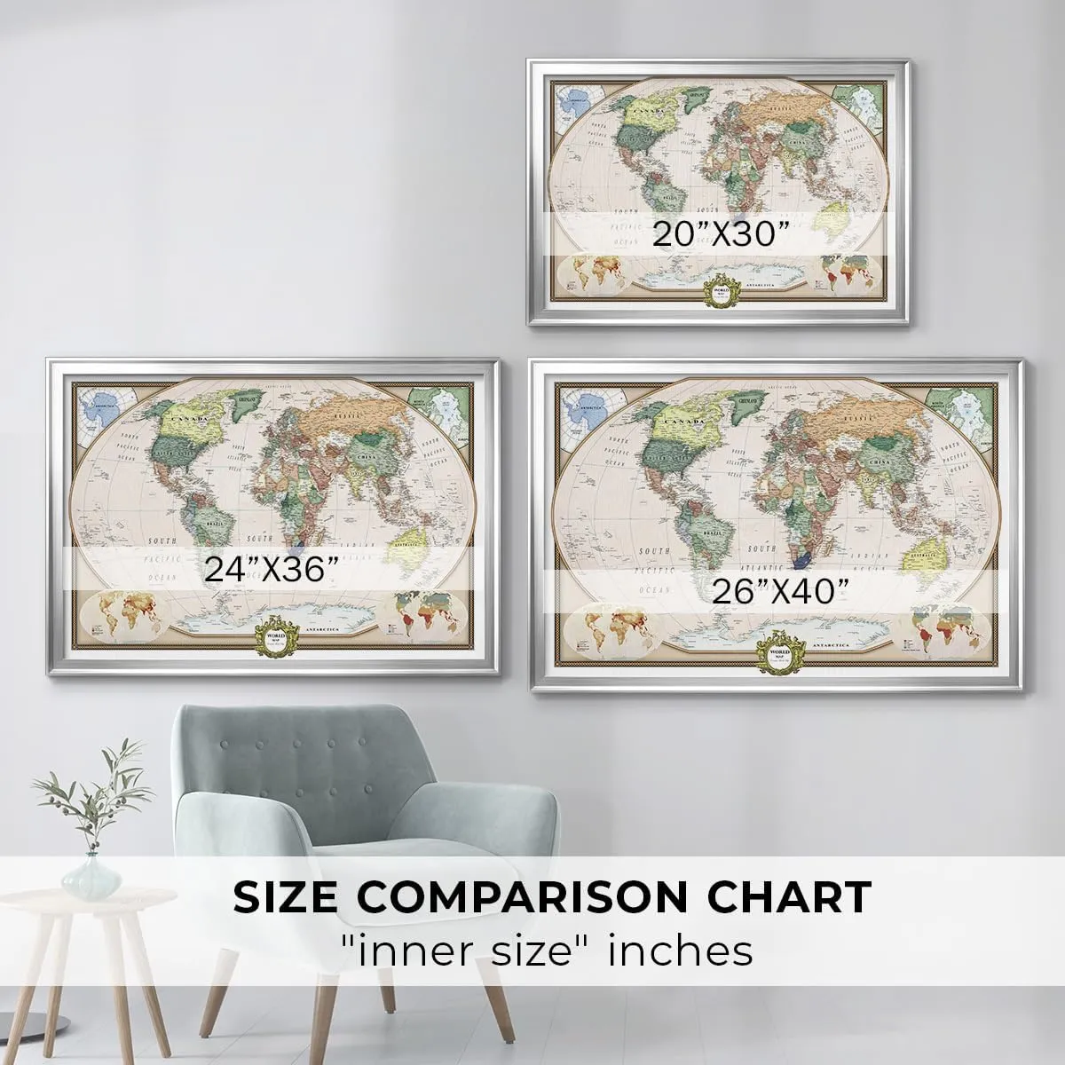 Renditions Gallery Colorful World Map Canvas Wall Art with Silver Frame Wall Hanging Travel Map with Push Pins for Living Room, Bedroom, Office Room