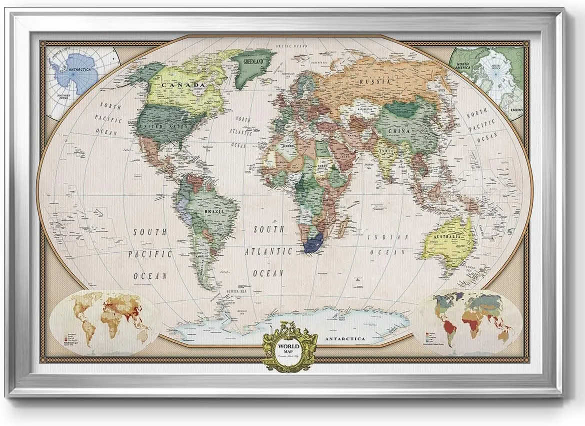Renditions Gallery Colorful World Map Canvas Wall Art with Silver Frame Wall Hanging Travel Map with Push Pins for Living Room, Bedroom, Office Room