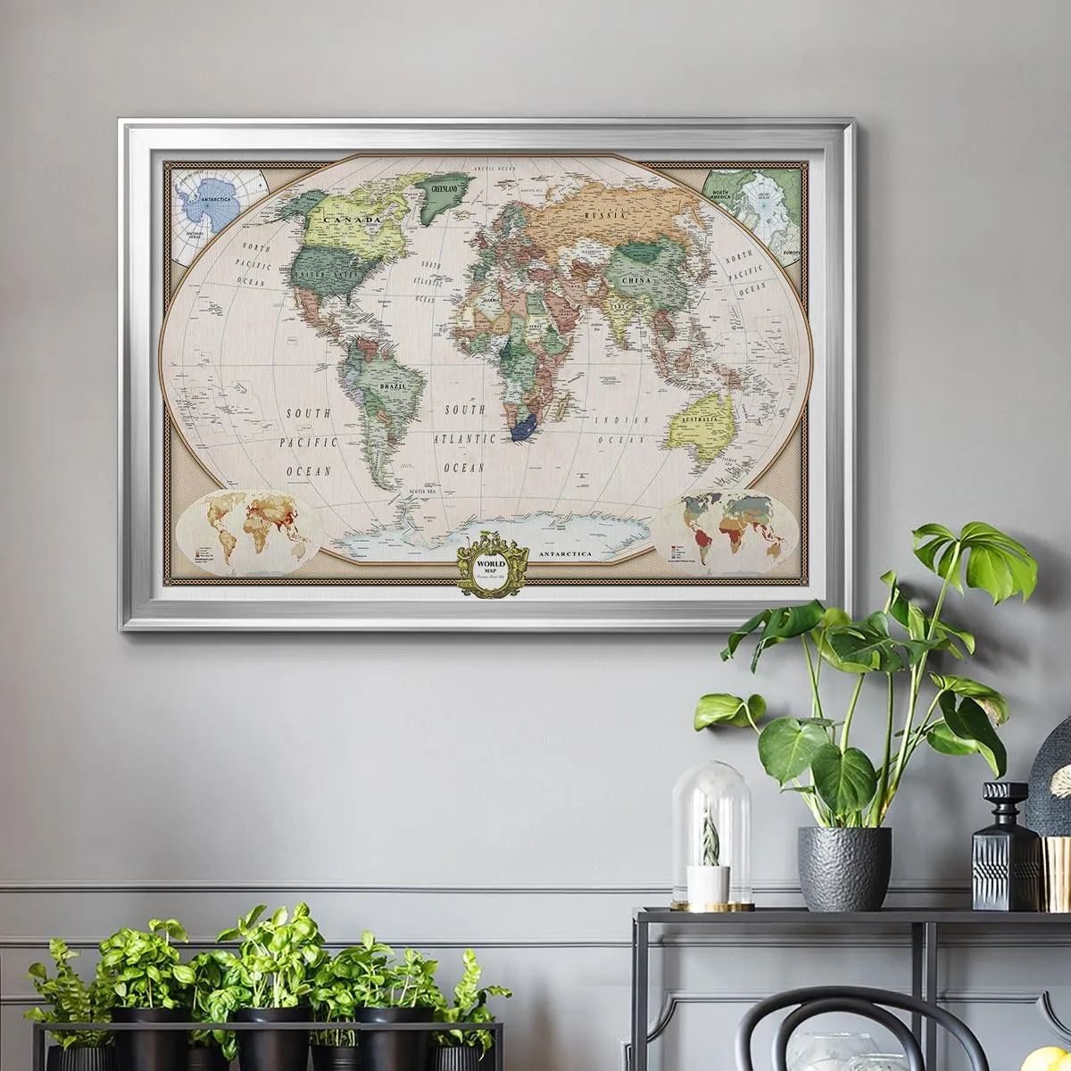 Renditions Gallery Colorful World Map Canvas Wall Art with Silver Frame Wall Hanging Travel Map with Push Pins for Living Room, Bedroom, Office Room