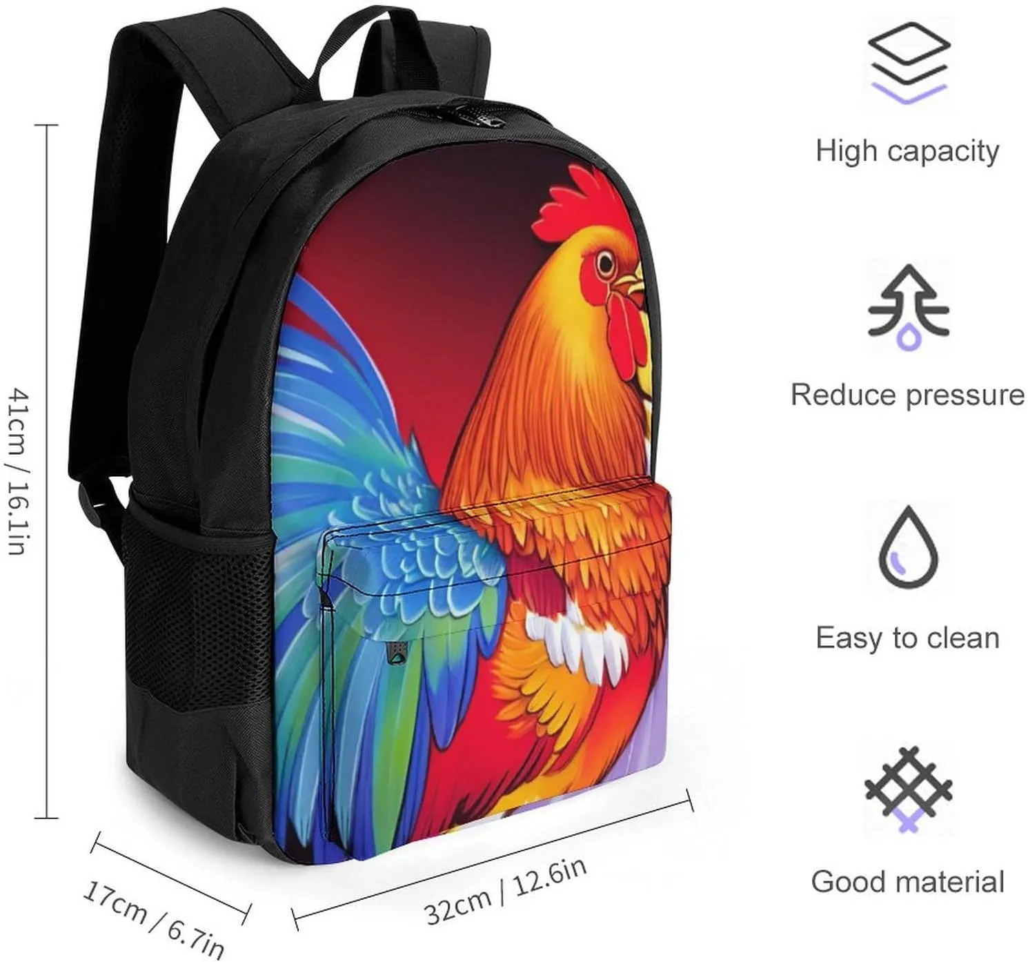 Retro Rooster Art Rucksacks Polyester Anti-Theft Multipurpose Carry On Bag Large Capacity Gym Outdoor Hiking Backpack With Smooth Zippers
