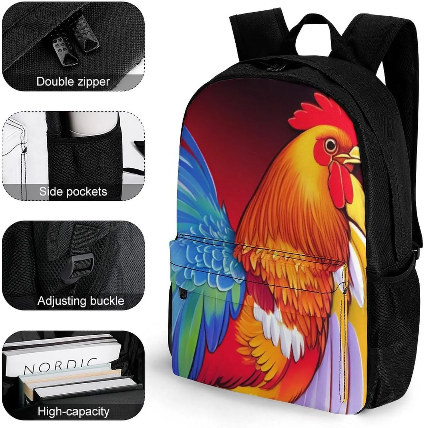Retro Rooster Art Rucksacks Polyester Anti-Theft Multipurpose Carry On Bag Large Capacity Gym Outdoor Hiking Backpack With Smooth Zippers