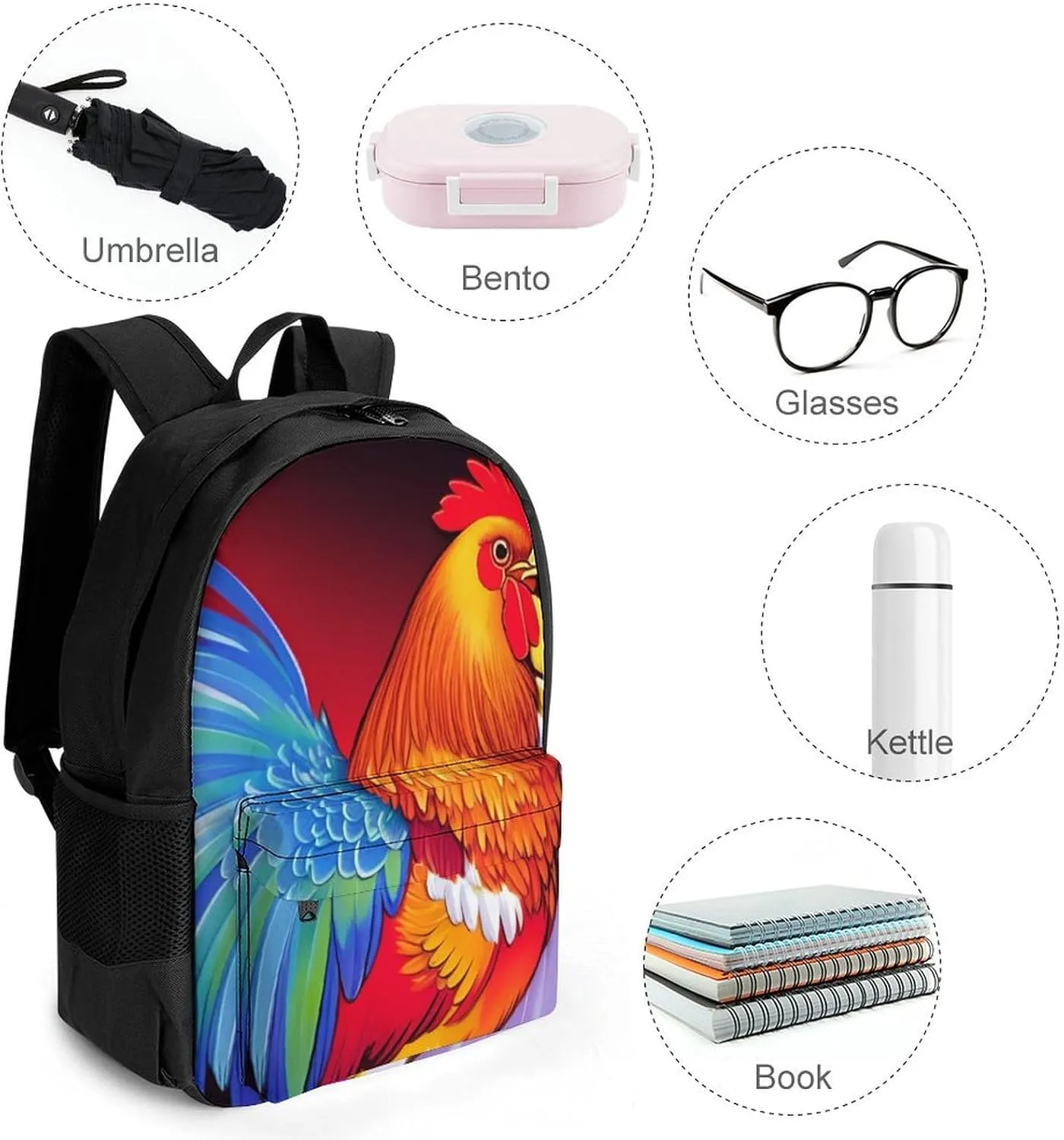 Retro Rooster Art Rucksacks Polyester Anti-Theft Multipurpose Carry On Bag Large Capacity Gym Outdoor Hiking Backpack With Smooth Zippers