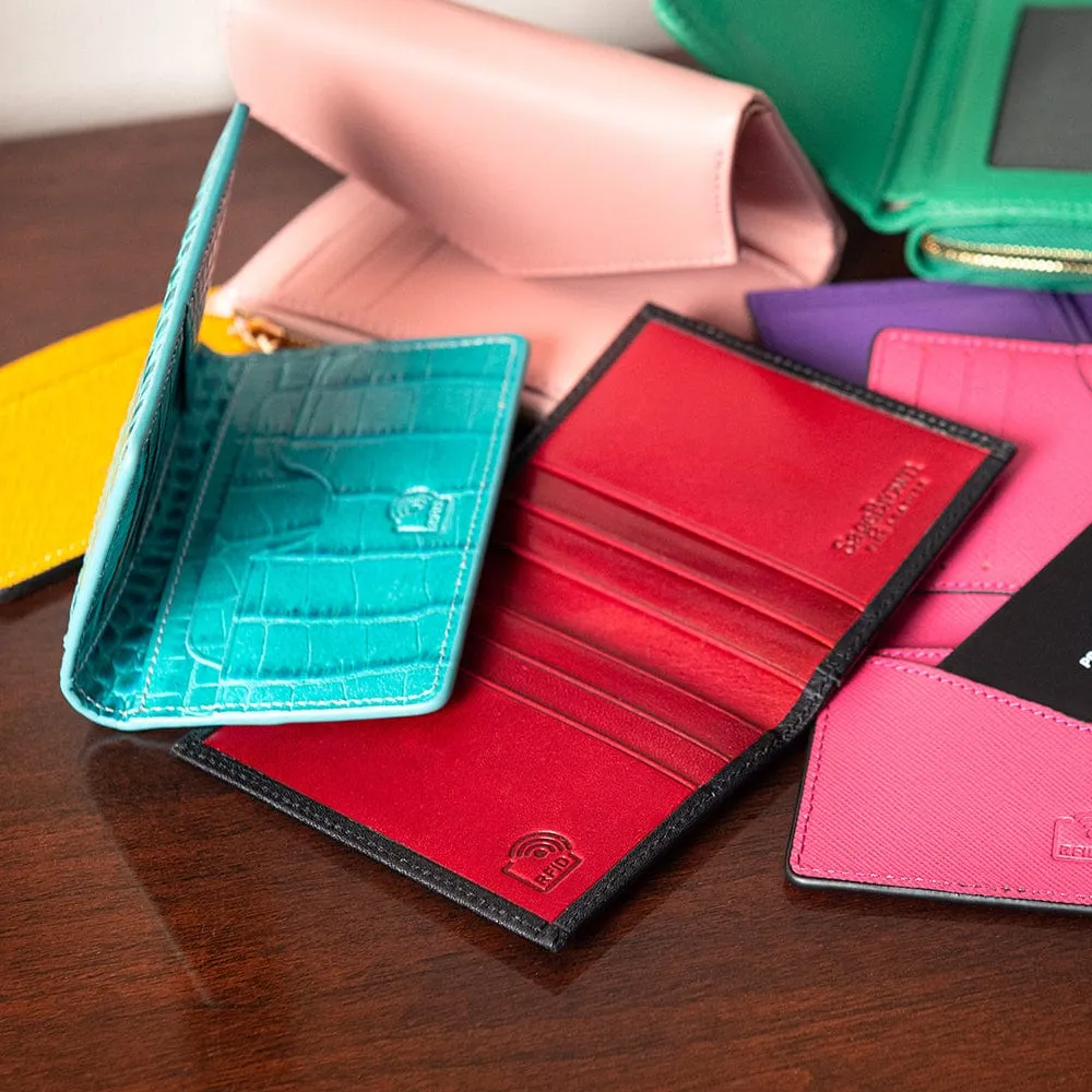 RFID Compact Credit Card Wallet - Turquoise Croc-Effect