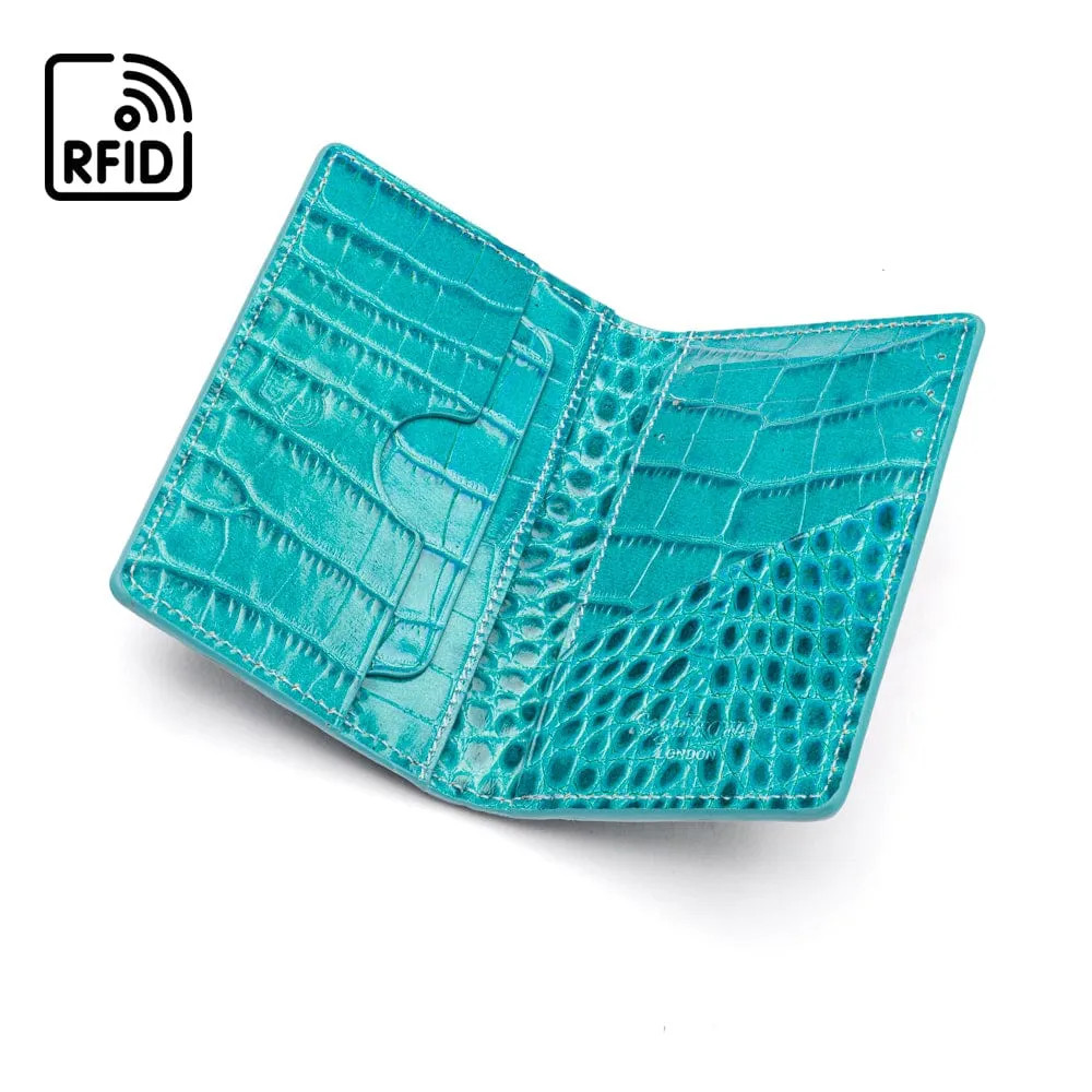 RFID Compact Credit Card Wallet - Turquoise Croc-Effect