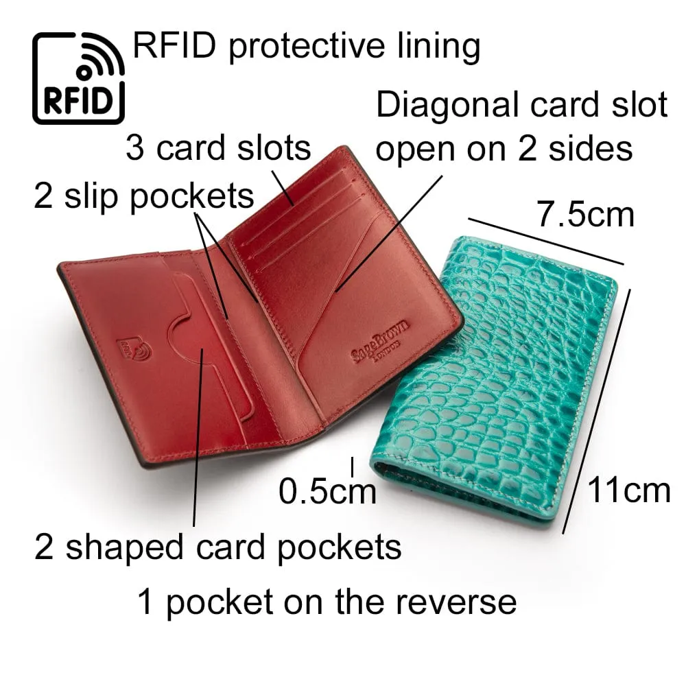 RFID Compact Credit Card Wallet - Turquoise Croc-Effect