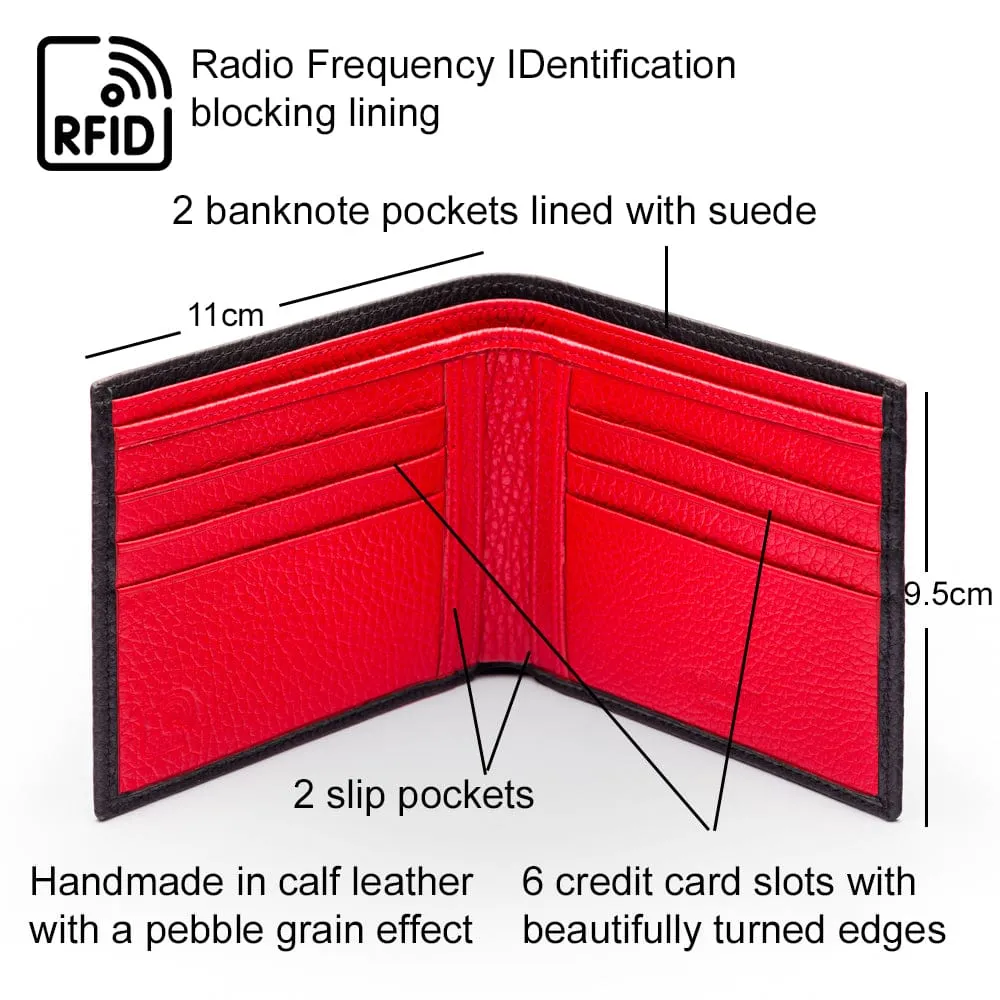 RFID Leather Wallet With 6 CC - Black With Red