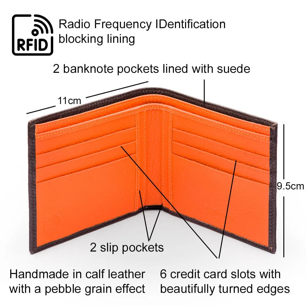RFID Leather Wallet With 6 CC - Brown With Orange