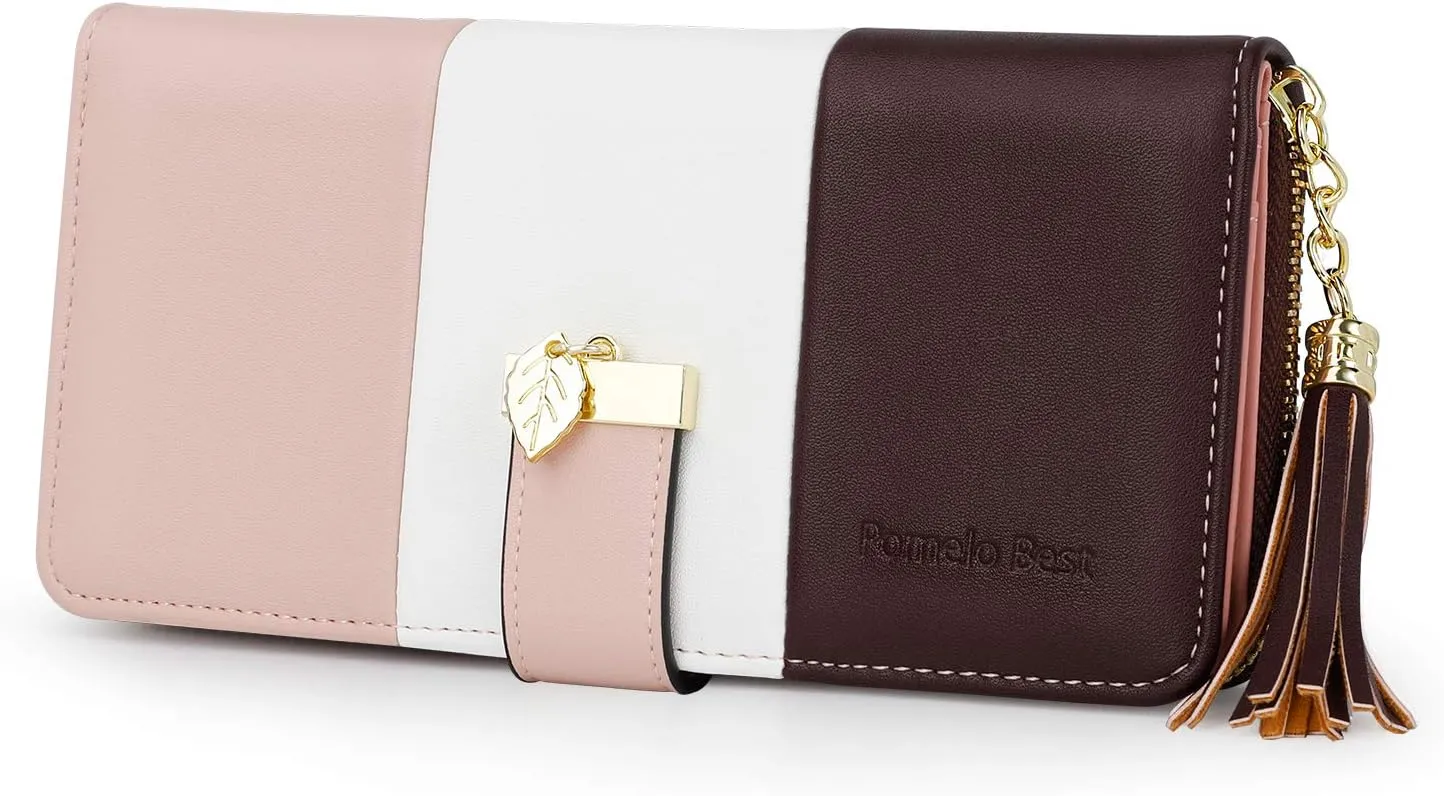 RFID Wallets for Women with Multiple Card Slots and Cellphone Compartment, womens wallet (Apricot/White/Wine Red)