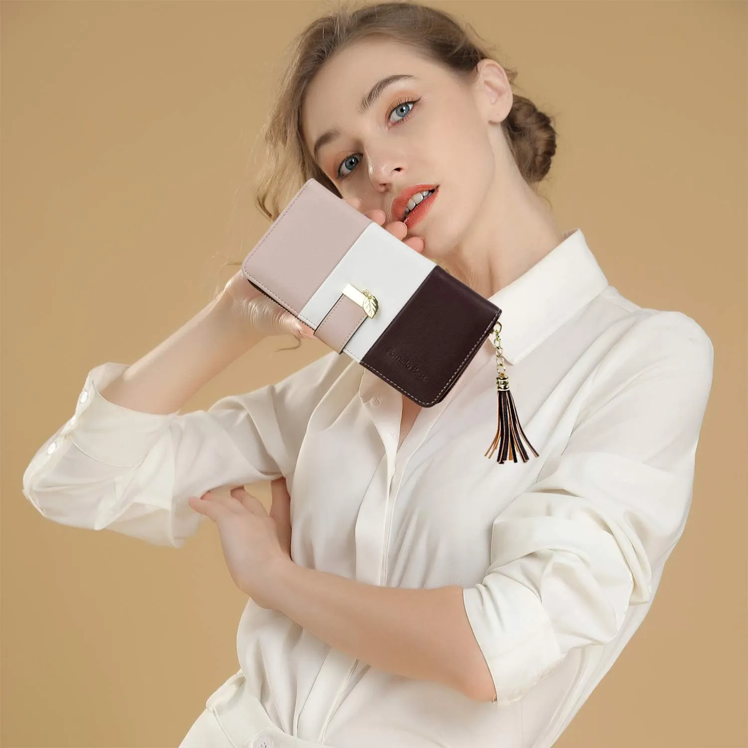 RFID Wallets for Women with Multiple Card Slots and Cellphone Compartment, womens wallet (Apricot/White/Wine Red)