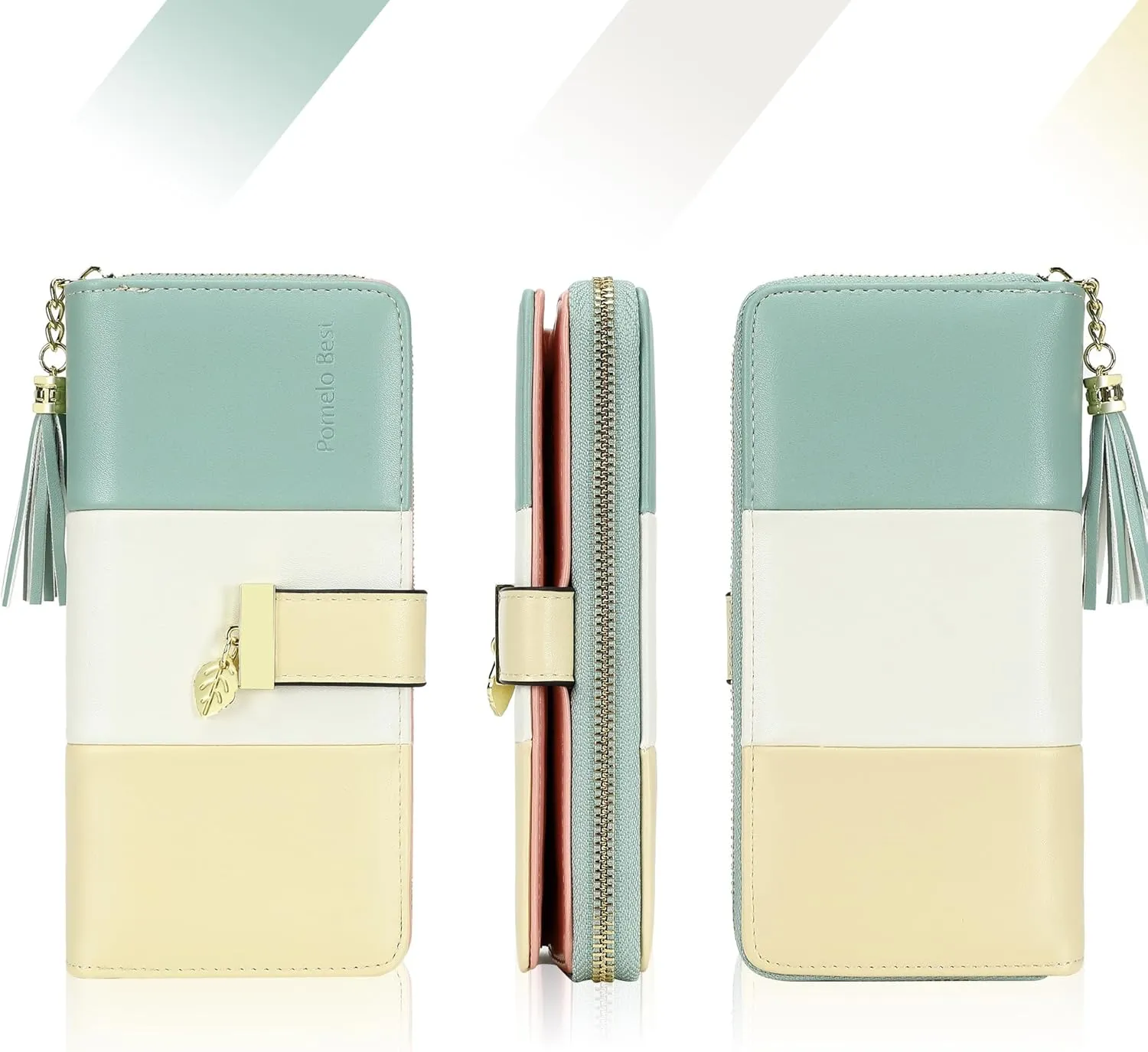 RFID Wallets for Women with Multiple Card Slots and Cellphone Compartment, Womens Wallet (cream yellow/white/green sand)