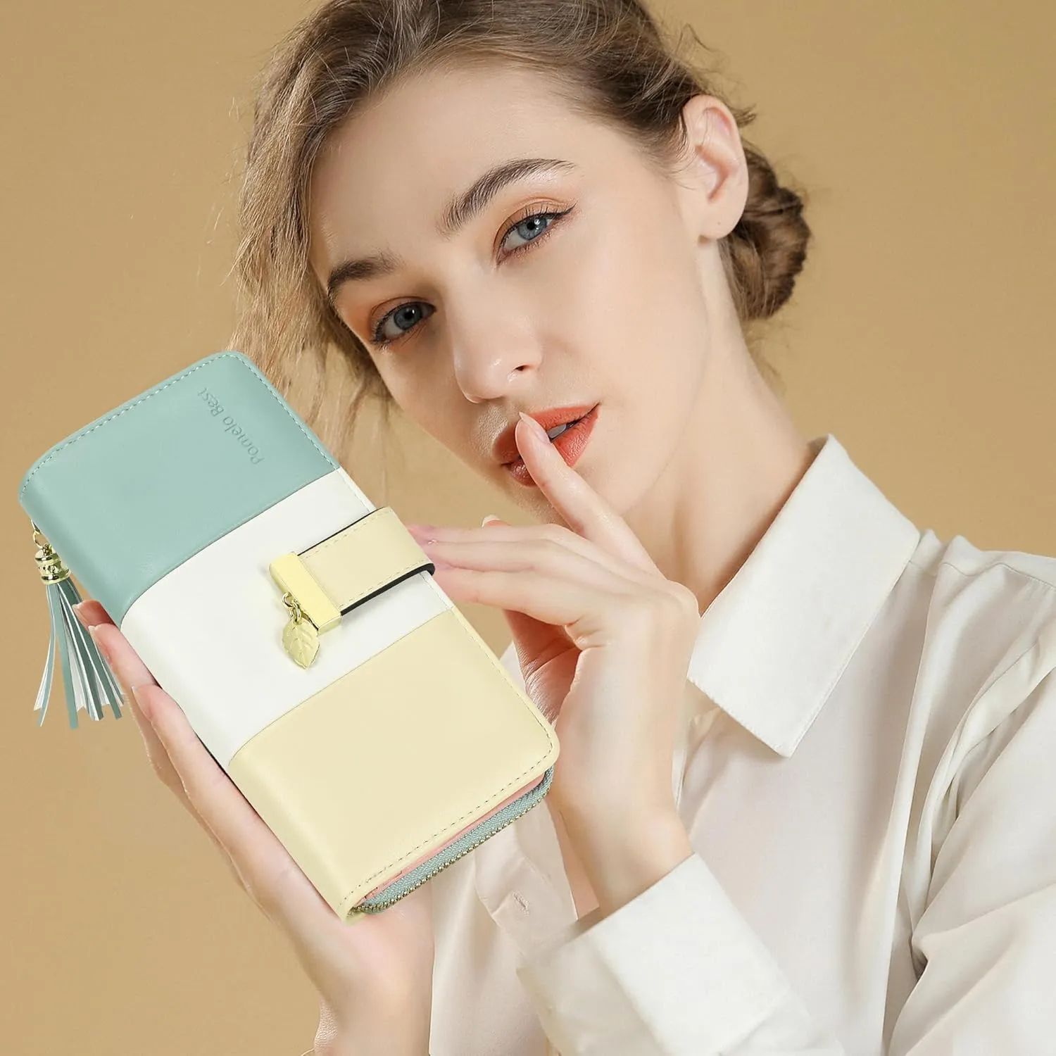 RFID Wallets for Women with Multiple Card Slots and Cellphone Compartment, Womens Wallet (cream yellow/white/green sand)