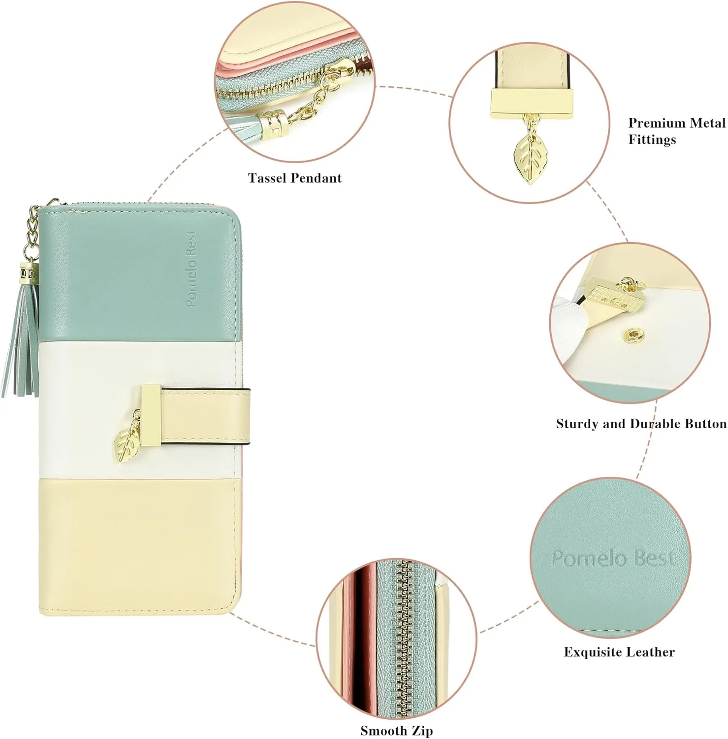 RFID Wallets for Women with Multiple Card Slots and Cellphone Compartment, Womens Wallet (cream yellow/white/green sand)