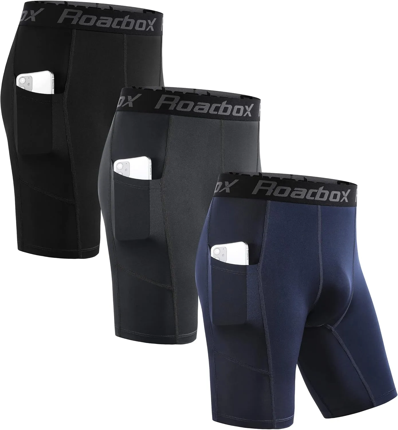Roadbox Men's Compression Shorts with Pockets, 3 Pack 9'' Performance Running Base Layer for Workout Sports Underwear