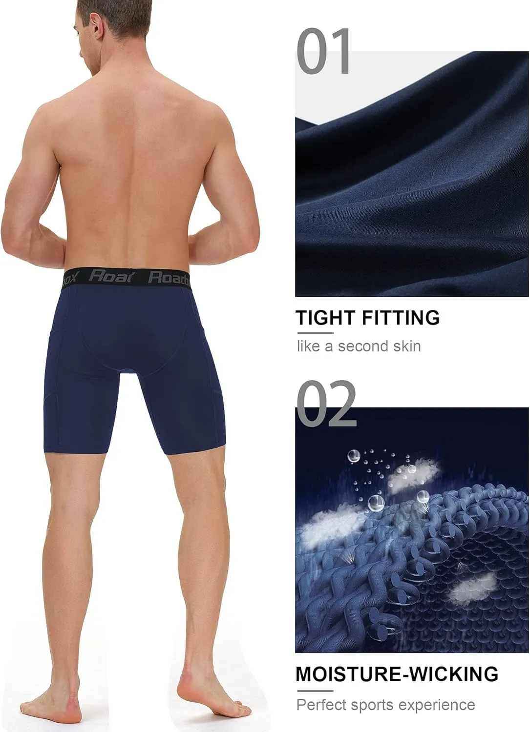 Roadbox Men's Compression Shorts with Pockets, 3 Pack 9'' Performance Running Base Layer for Workout Sports Underwear