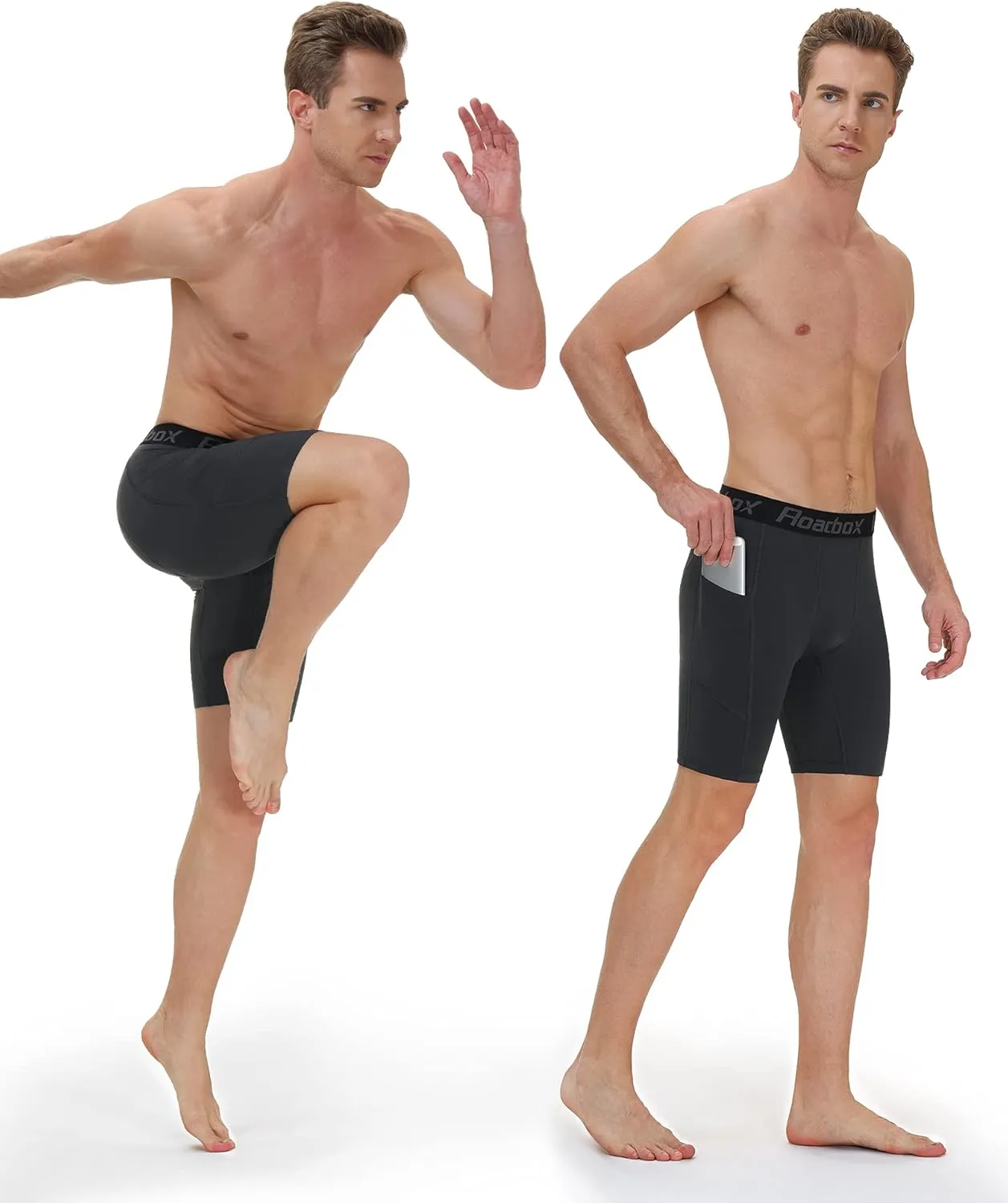 Roadbox Men's Compression Shorts with Pockets, 3 Pack 9'' Performance Running Base Layer for Workout Sports Underwear