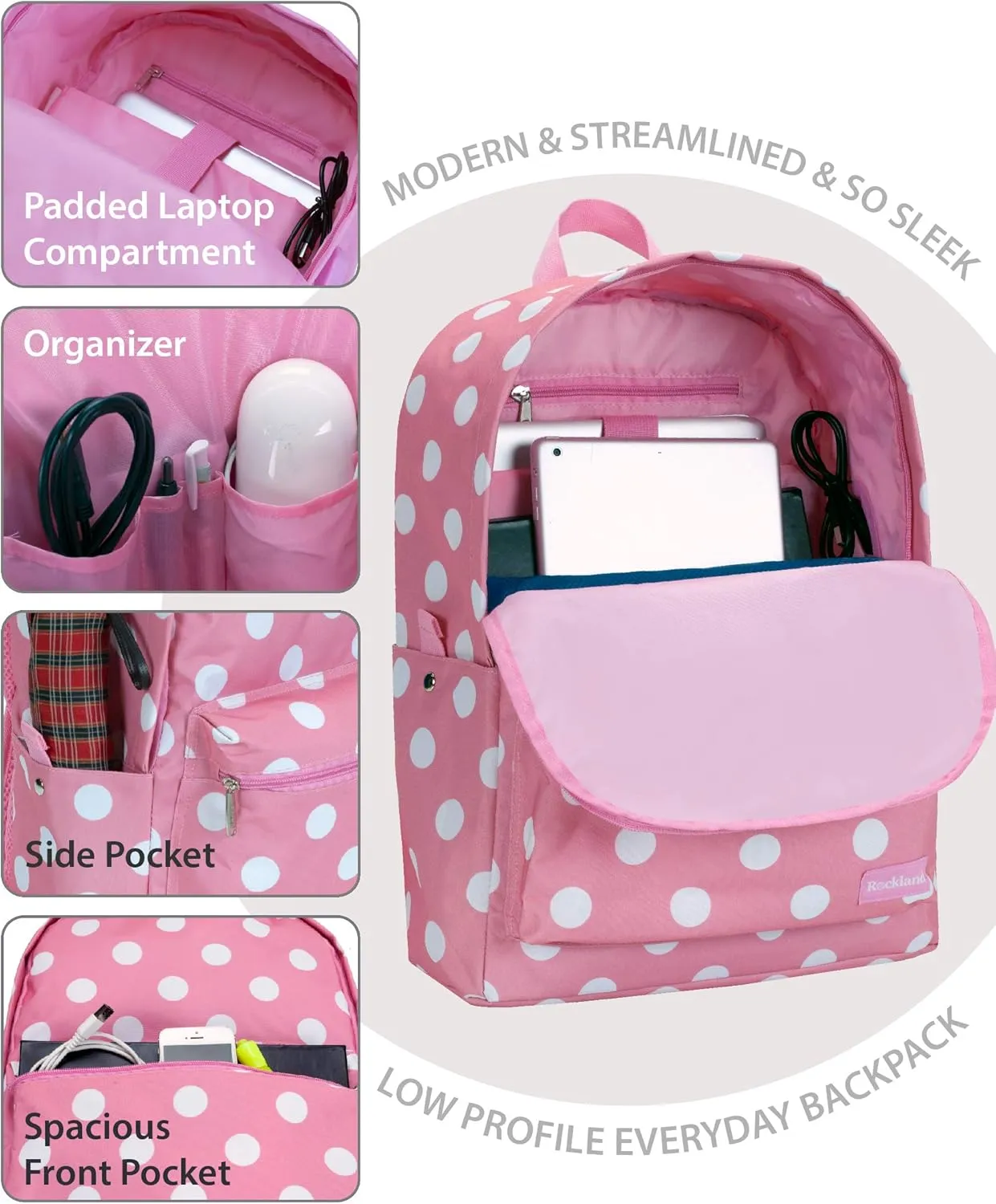 Rockland Classic Laptop Backpack, Pinkdot, Large