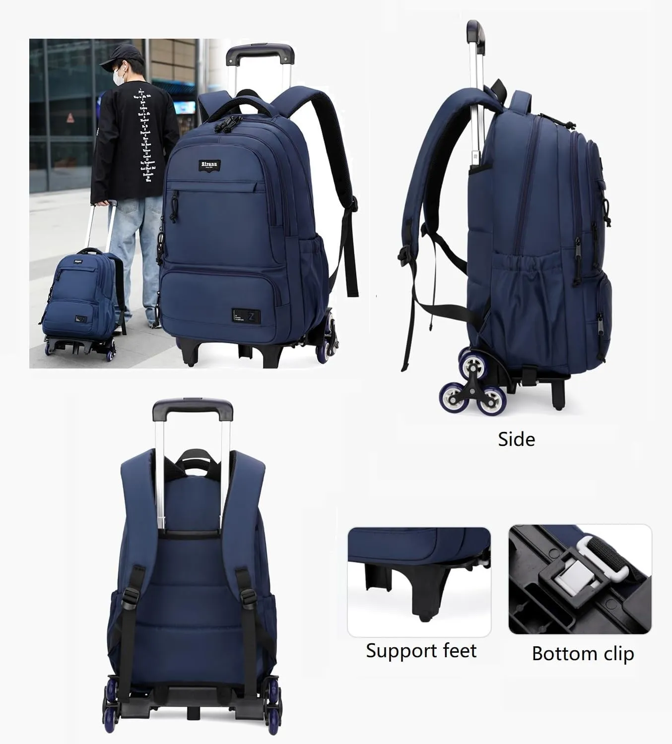 Rolling Backpack for Boys with 6 Wheels Roller Backpack Wheeled School Bag for Teen Boys Black
