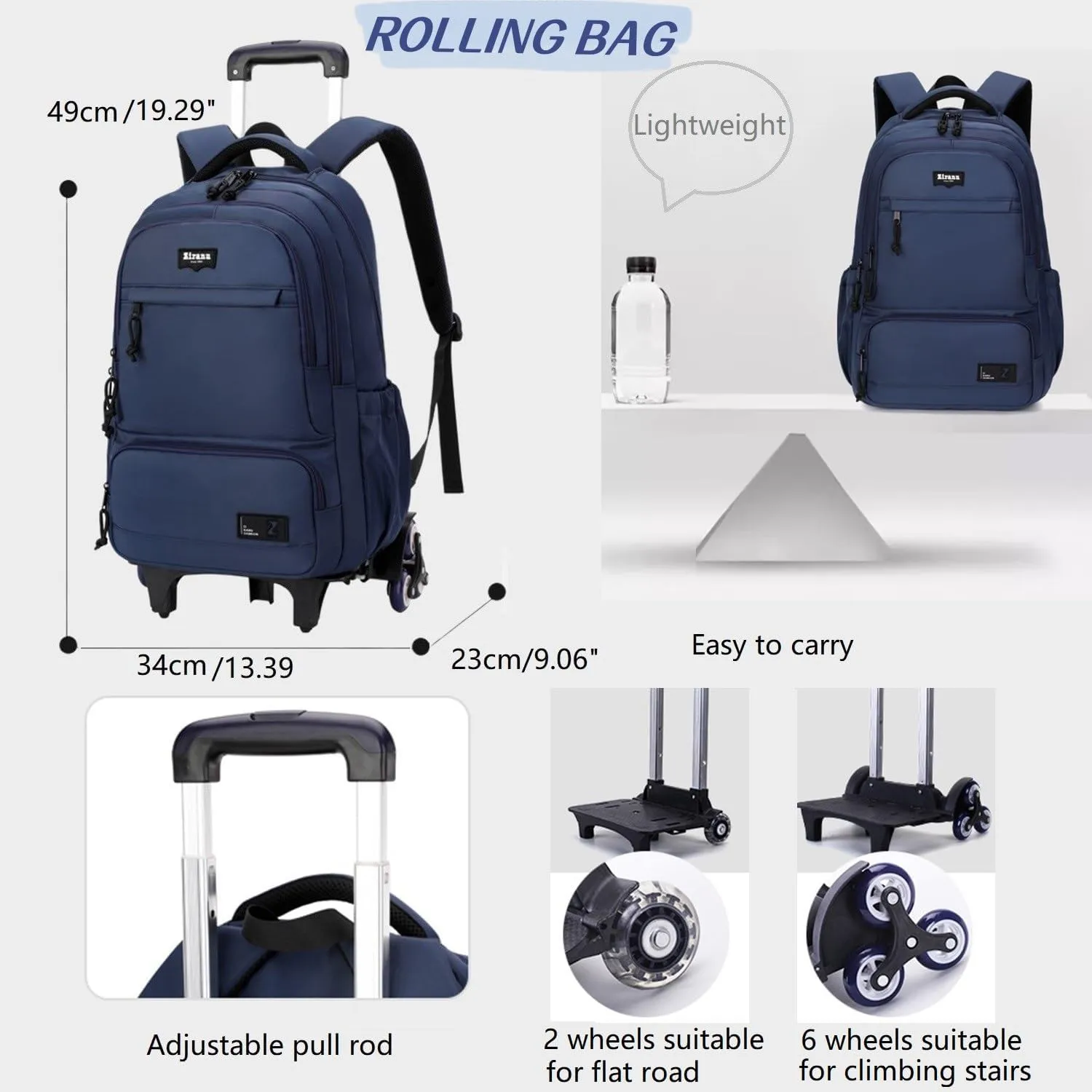 Rolling Backpack for Boys with 6 Wheels Roller Backpack Wheeled School Bag for Teen Boys Black
