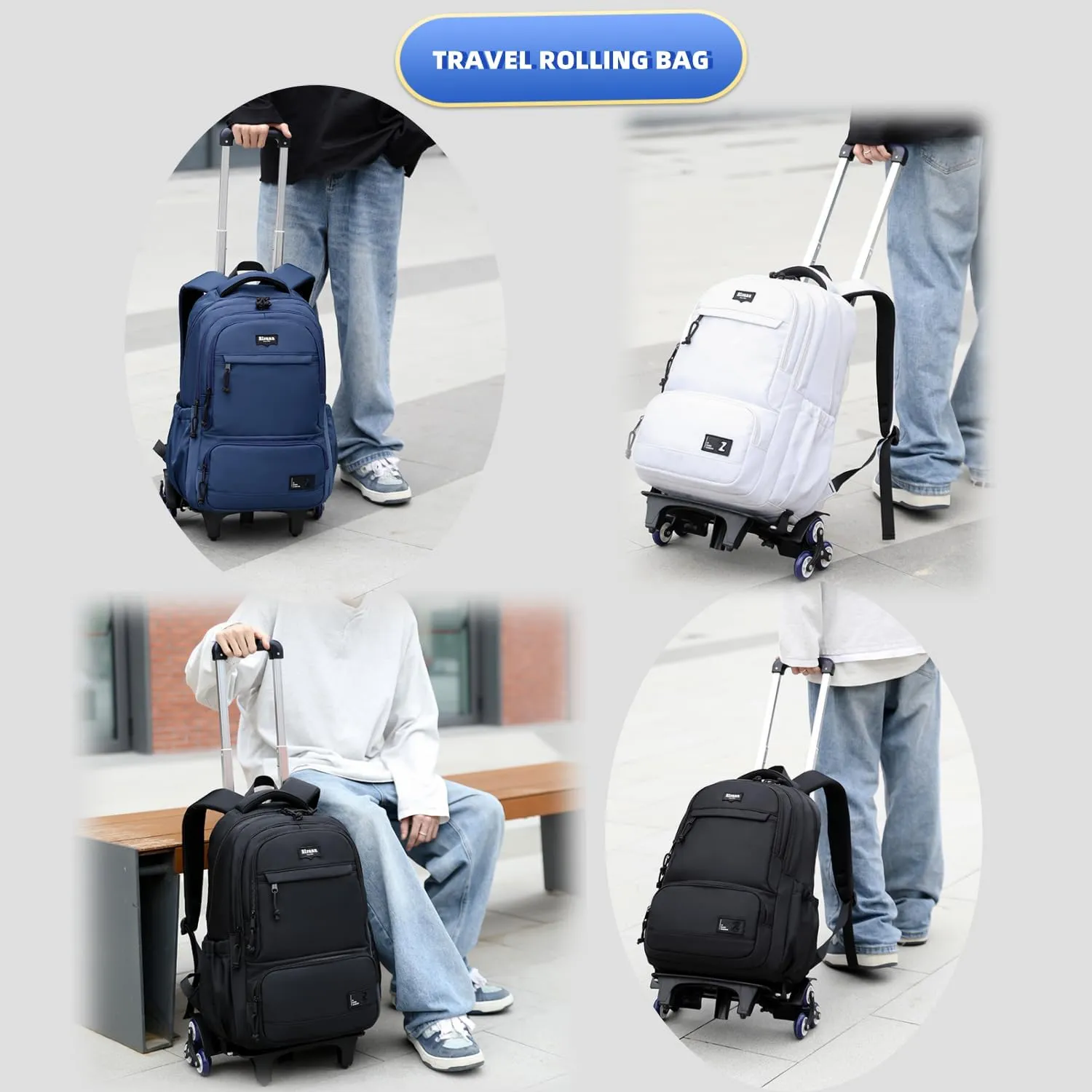 Rolling Backpack for Boys with 6 Wheels Roller Backpack Wheeled School Bag for Teen Boys Black