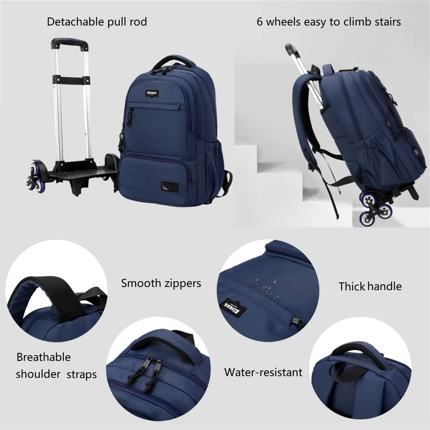 Rolling Backpack for Boys with Wheels Roller Backpack Wheeled School Bag for Teen Boys White