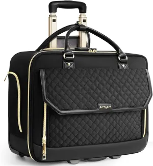 Rolling Laptop Bag, Water Resistant Briefcase for Women with Wheels, 17.3 Inch Computer Bags with Leather Handle, Roller Teacher Bag for Work Business, Flight Approved, Black