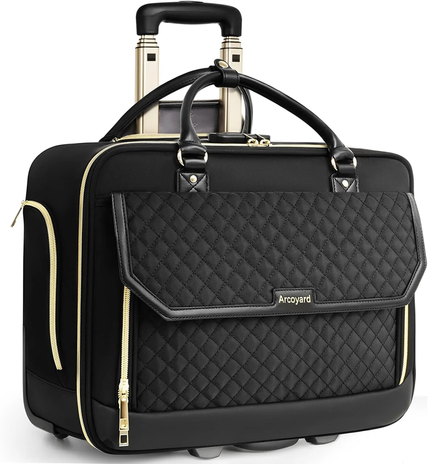 Rolling Laptop Bag, Water Resistant Briefcase for Women with Wheels, 17.3 Inch Computer Bags with Leather Handle, Roller Teacher Bag for Work Business, Flight Approved, Black