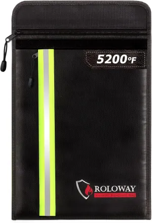 ROLOWAY Fireproof Document Bag (15.5 x 11.5 inch) with 2 Pockets and 5200℉ Aluminum Foil Layer, Fireproof Bag for Document Safe Fireproof Waterproof Document Bag, Fireproof Money Bag (Black)