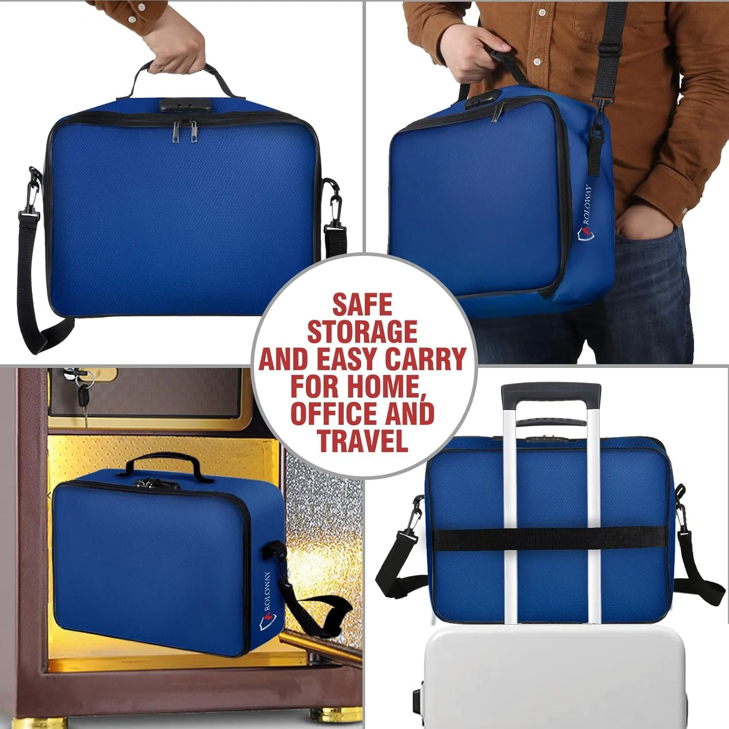 ROLOWAY Fireproof Document Bag with Lock (17 x 11.8 x 5 inch), Important Document Storage Bag with Multi-Layer File Organizers (Blue)