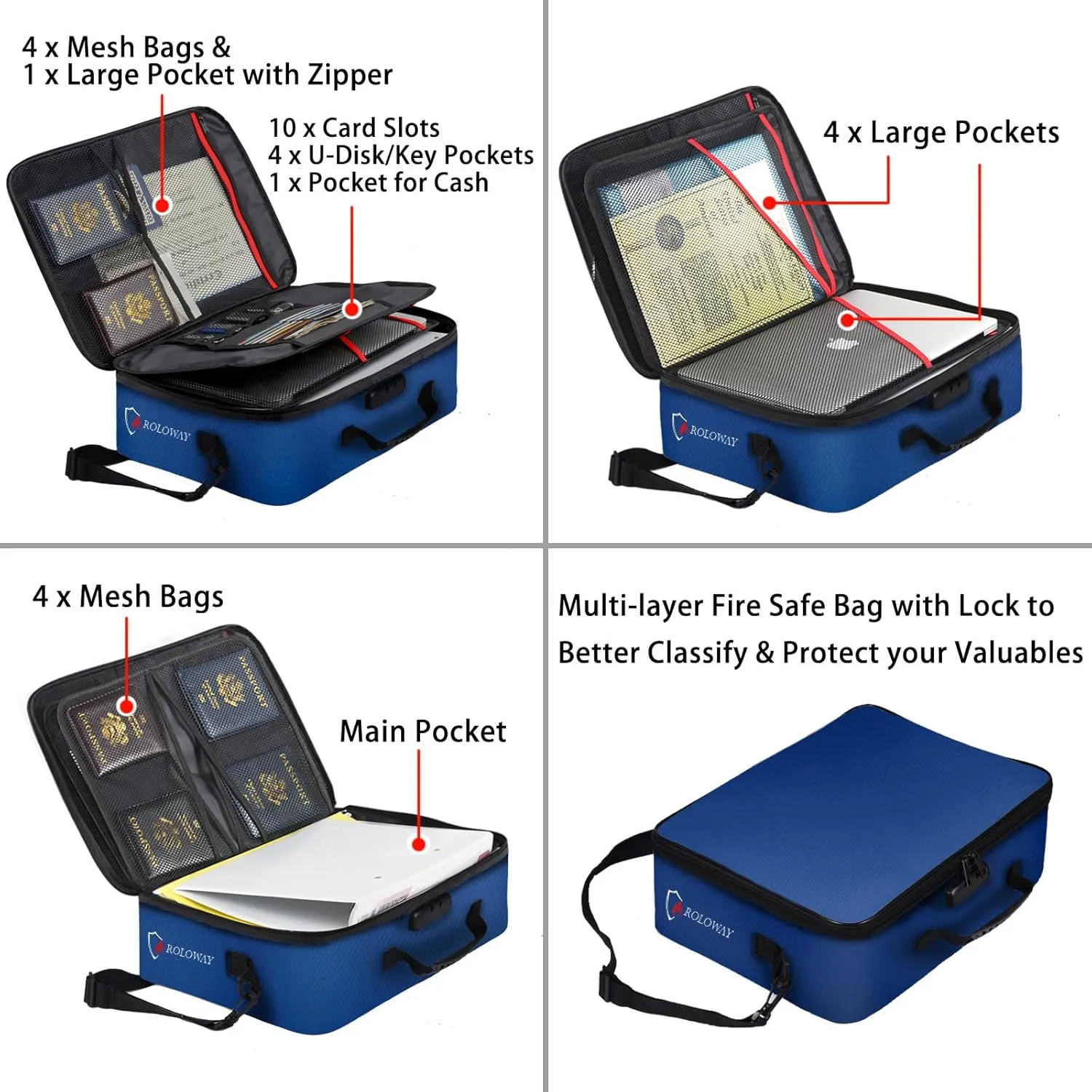 ROLOWAY Fireproof Document Bag with Lock (17 x 11.8 x 5 inch), Important Document Storage Bag with Multi-Layer File Organizers (Blue)