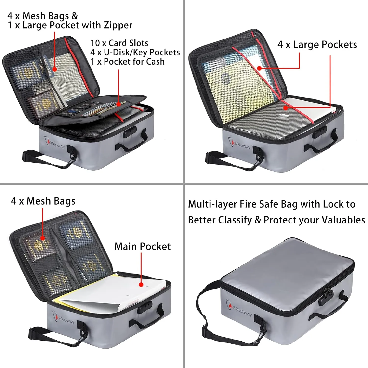 ROLOWAY Fireproof Document Bag with Lock (17 x 11.8 x 5 inch), Important Document Storage Bag with Multi-Layer File Organizers (Gray)