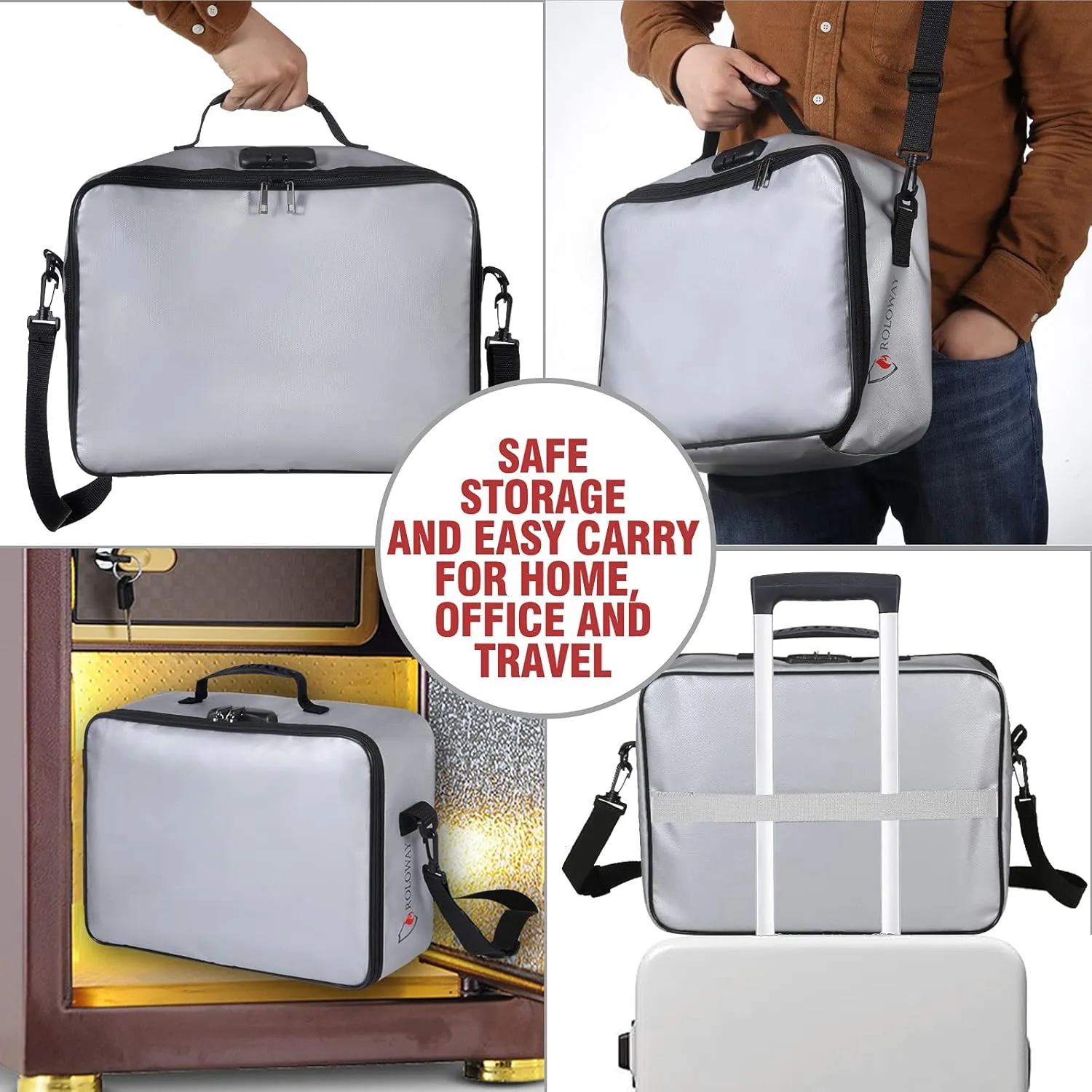 ROLOWAY Fireproof Document Bag with Lock (17 x 11.8 x 5 inch), Important Document Storage Bag with Multi-Layer File Organizers (Gray)
