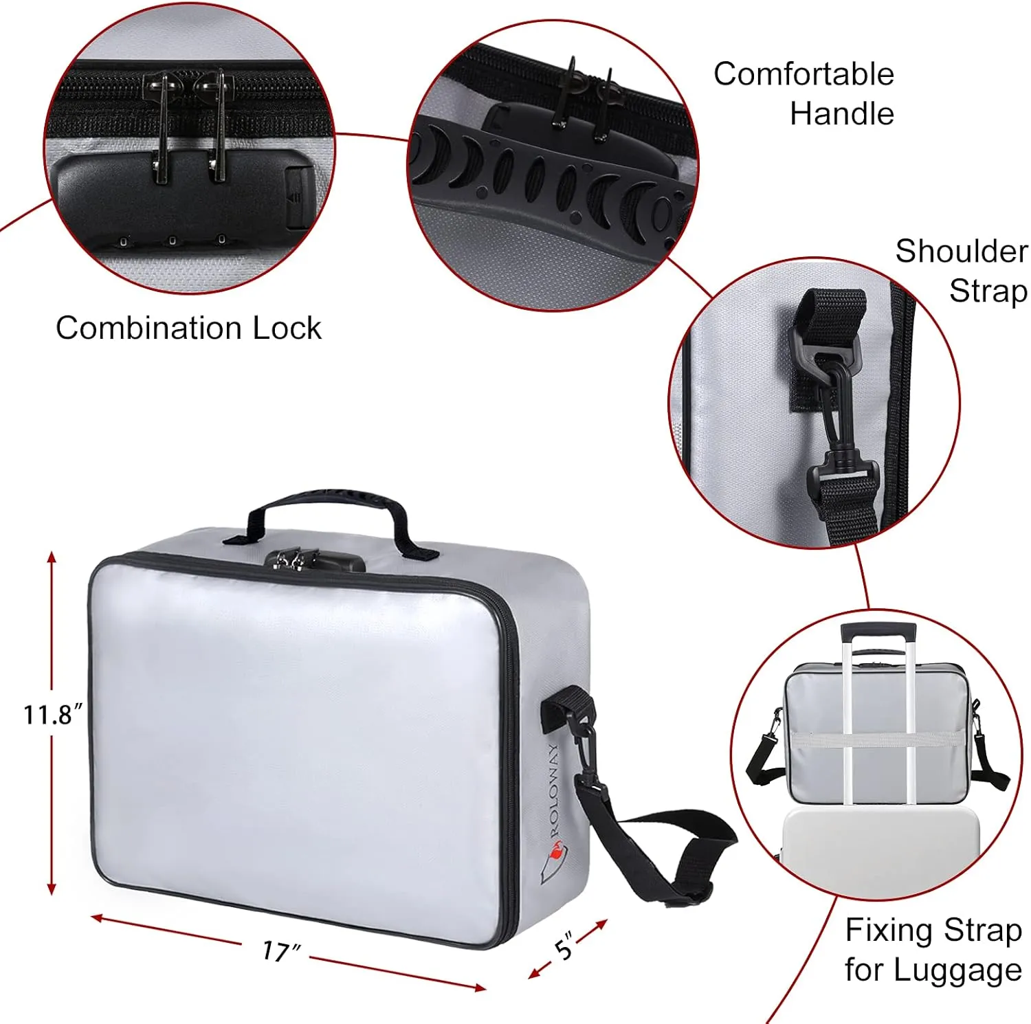 ROLOWAY Fireproof Document Bag with Lock (17 x 11.8 x 5 inch), Important Document Storage Bag with Multi-Layer File Organizers (Gray)