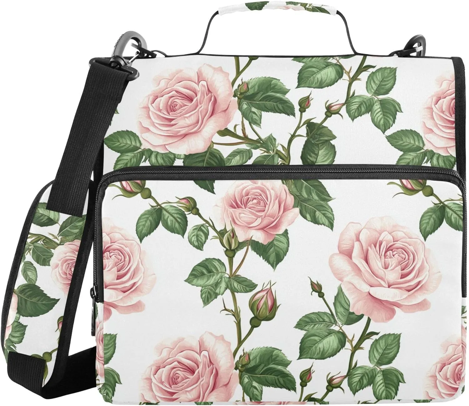 Rose Summer Flowers White Binder Organizer with Shoulder Strap & Handle Waterproof 1.5 Inch 3 Rings Storage Bag Portfolio Binder Office Supplies