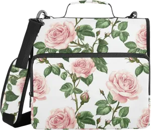 Rose Summer Flowers White Binder Organizer with Shoulder Strap & Handle Waterproof 1.5 Inch 3 Rings Storage Bag Portfolio Binder Office Supplies