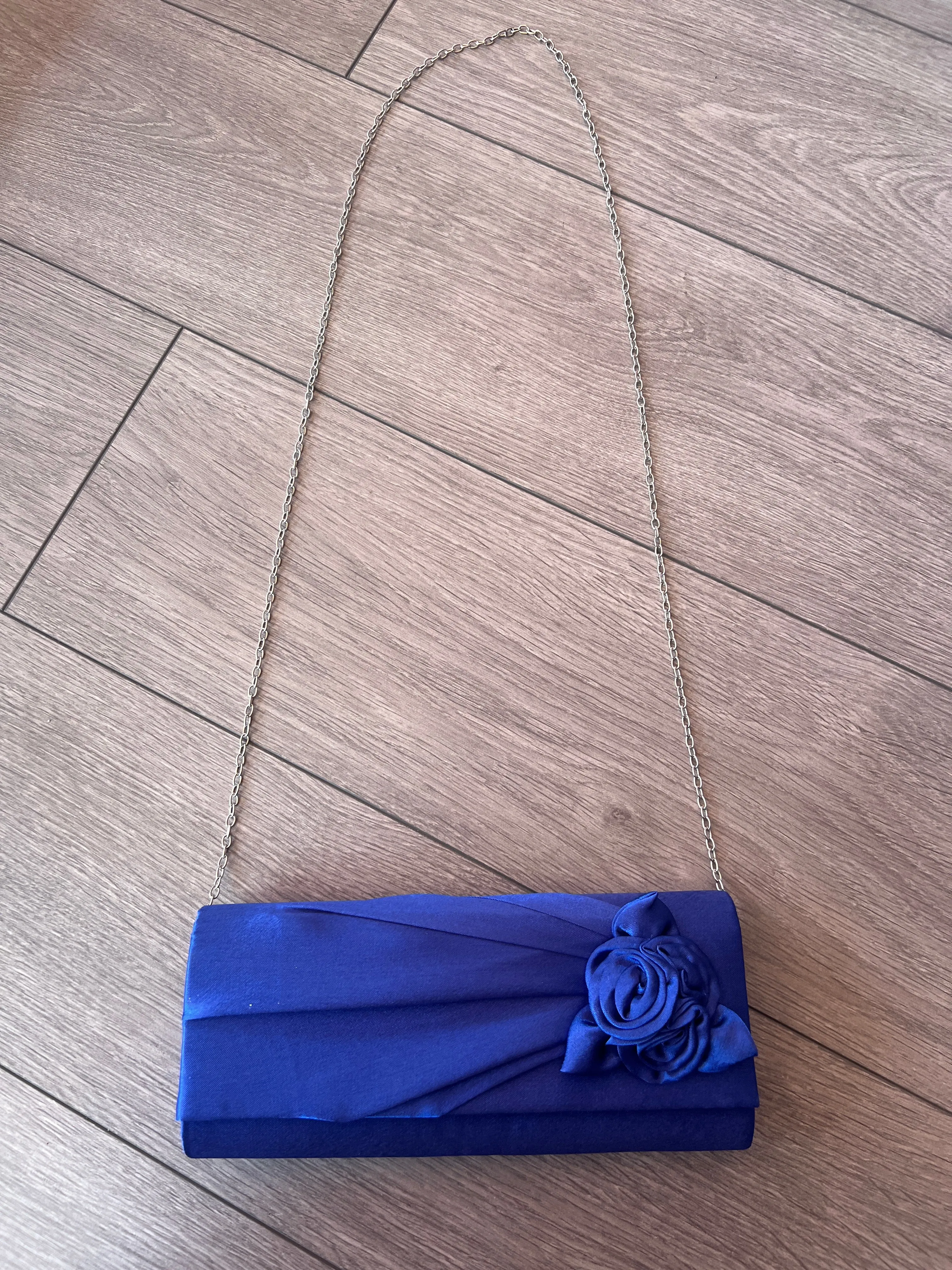 Royal Blue Satin Clutch Bag With Rose Flower Detail